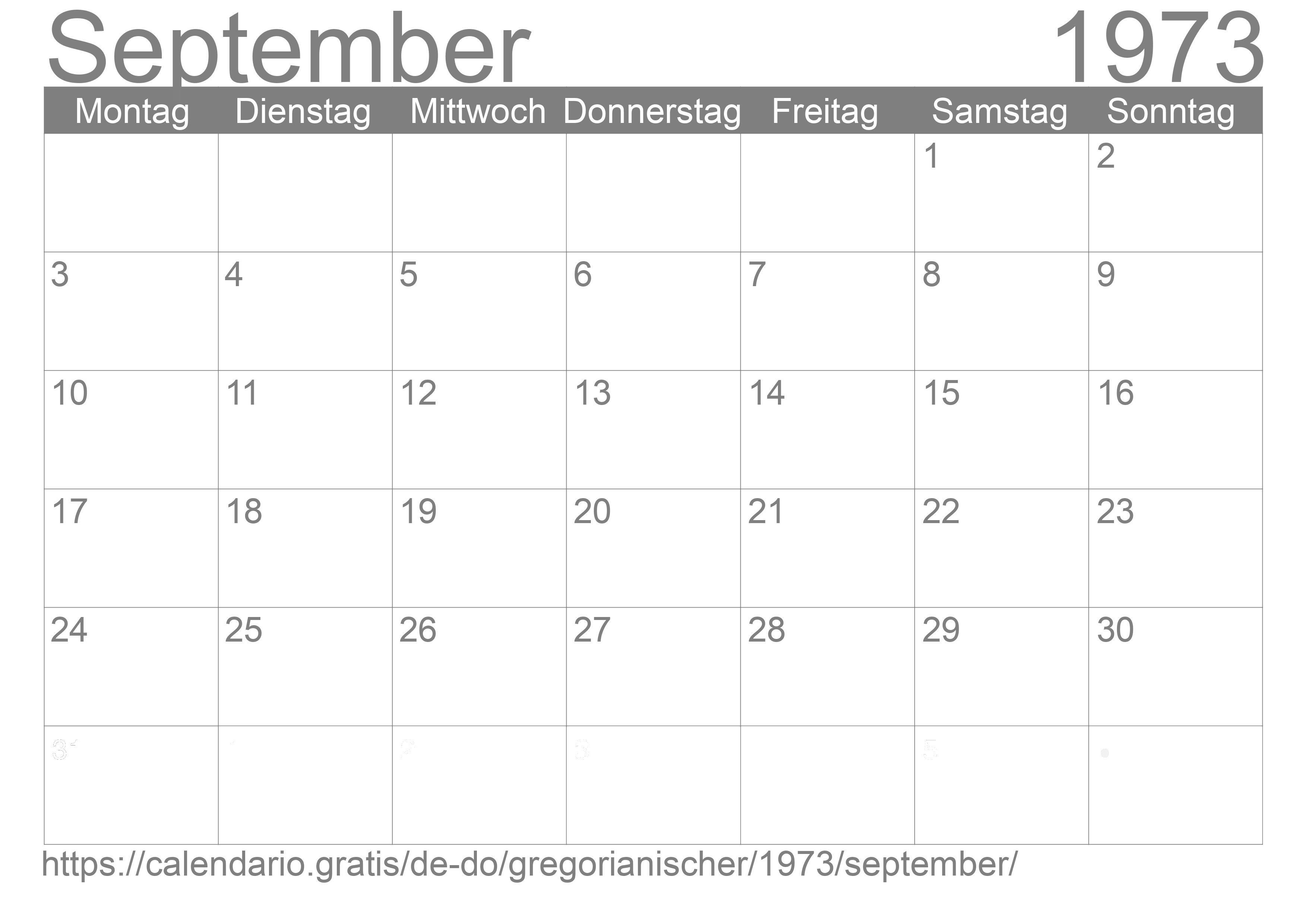 Kalender September 1973 zum Ausdrucken