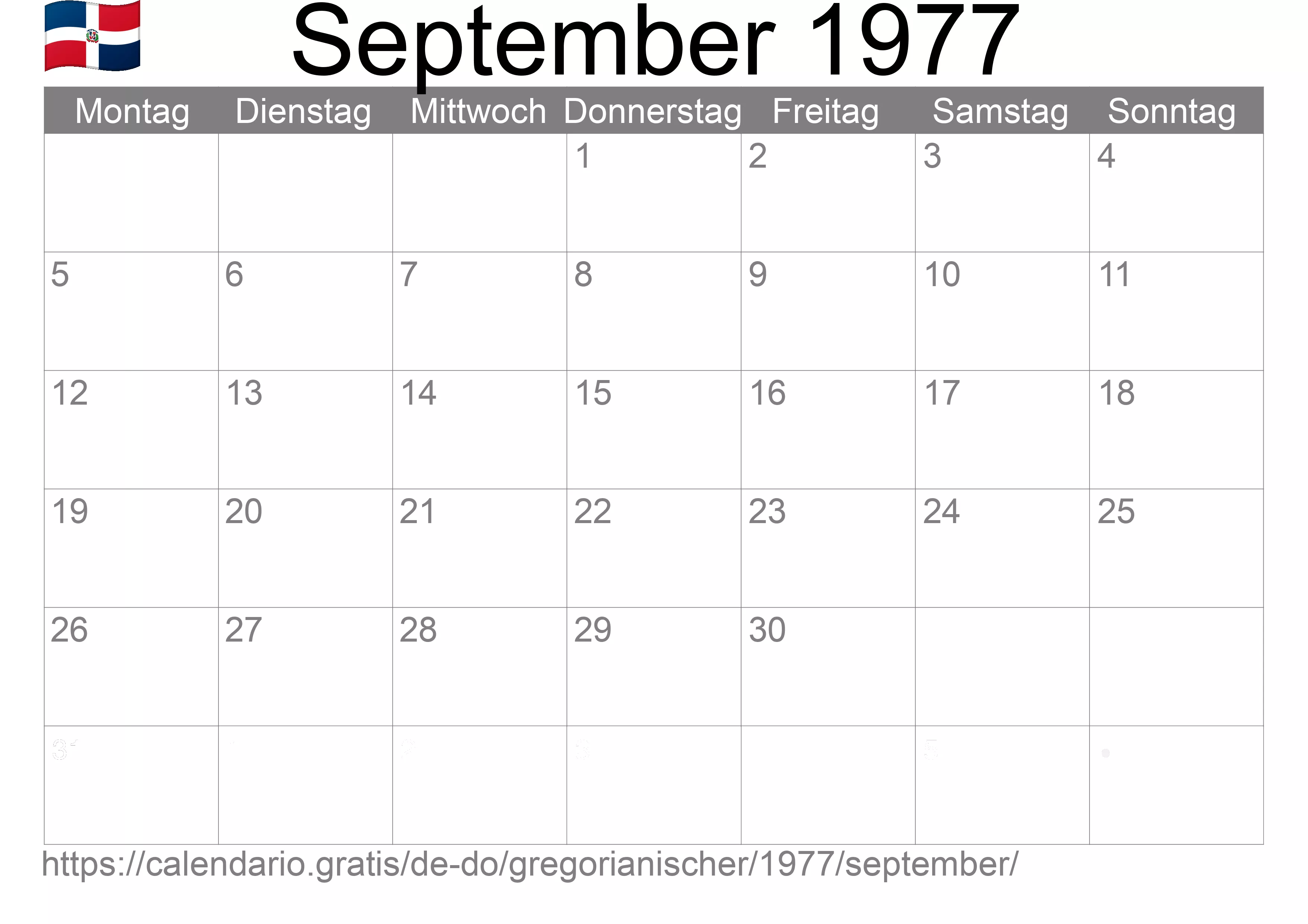Kalender September 1977 zum Ausdrucken (Dominikanische Republik)