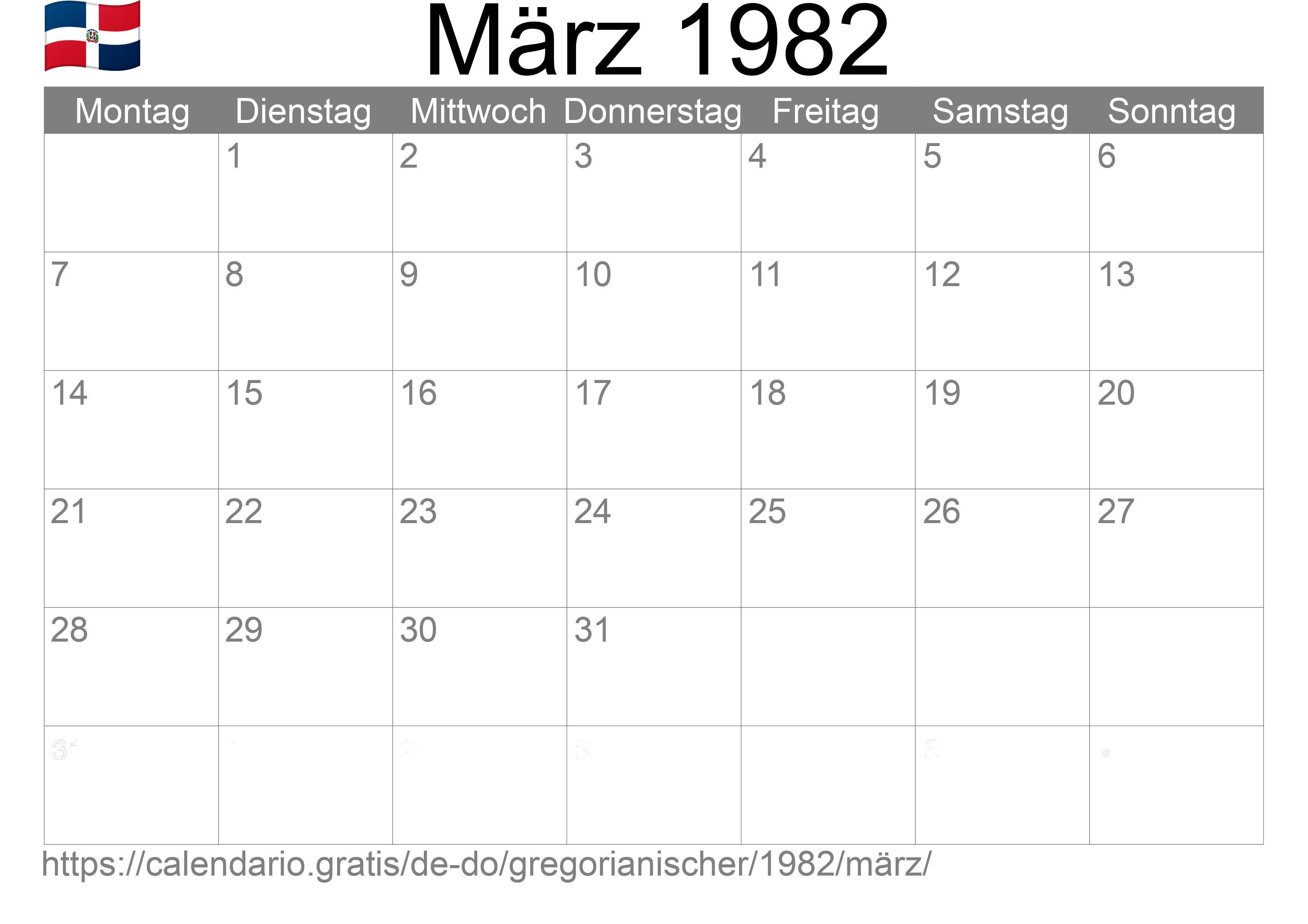 Kalender März 1982 zum Ausdrucken