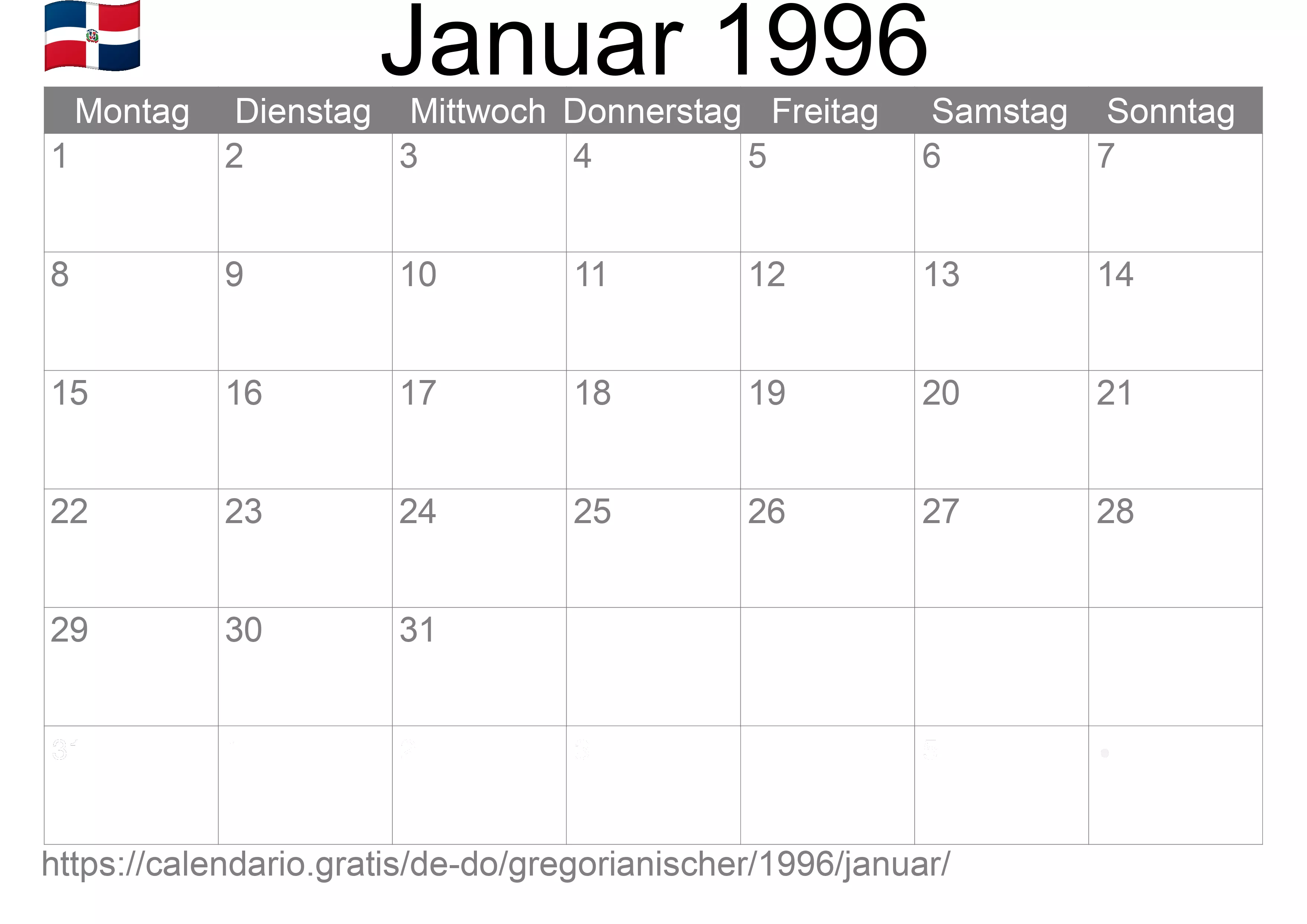 Kalender Januar 1996 zum Ausdrucken (Dominikanische Republik)