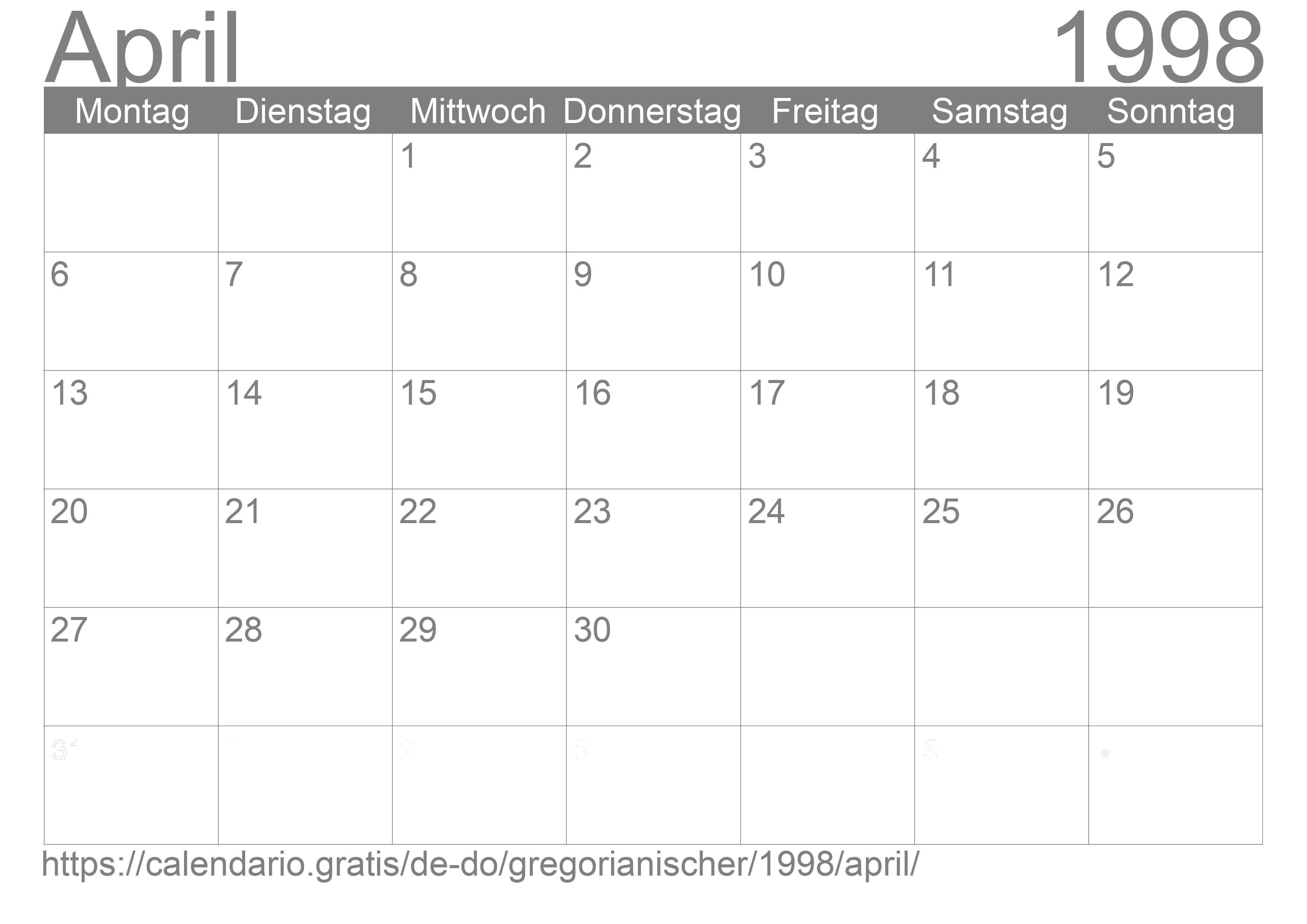 Kalender April 1998 zum Ausdrucken