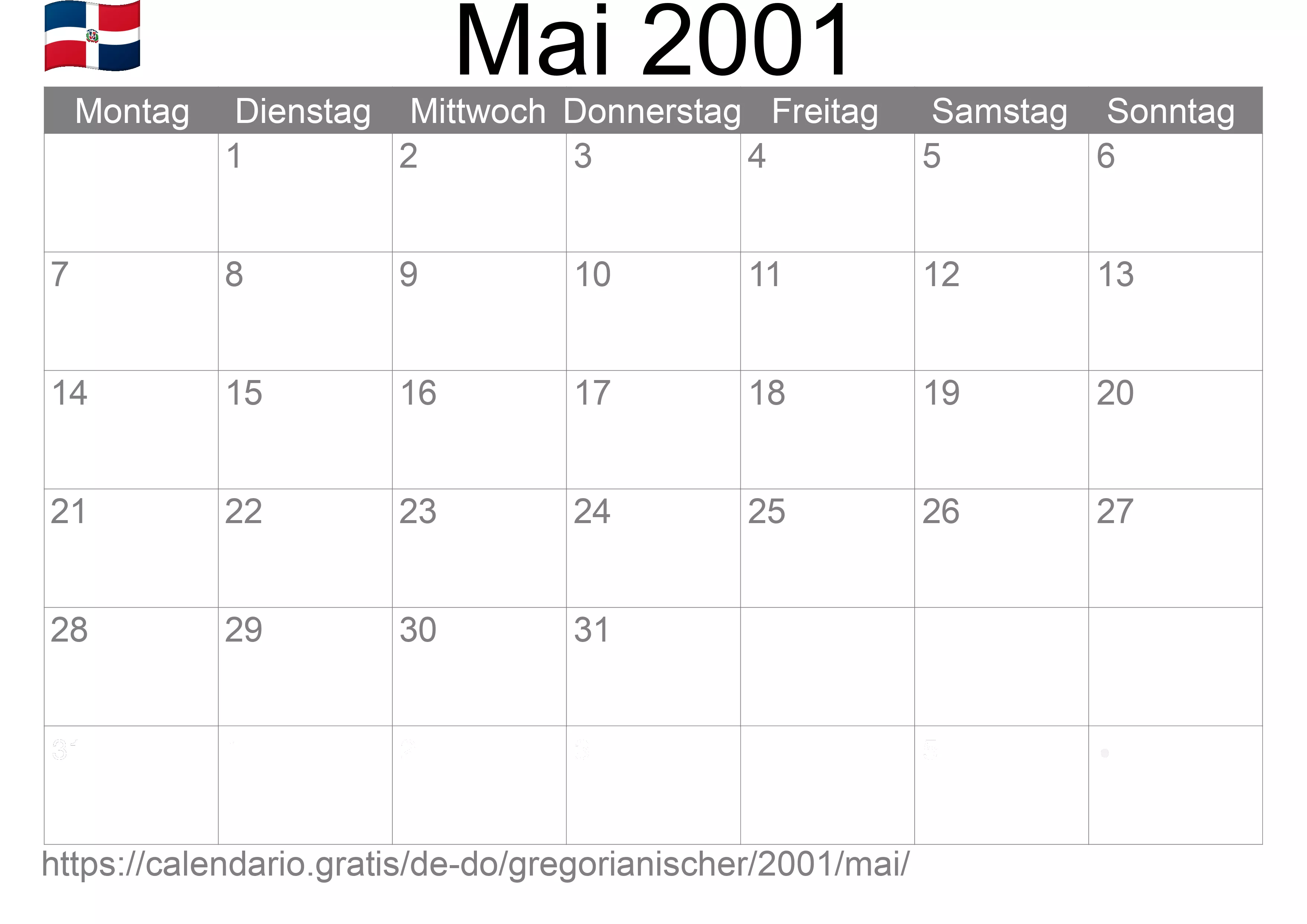 Kalender Mai 2001 von Dominikanische Republik auf Deutsch: Feiertage