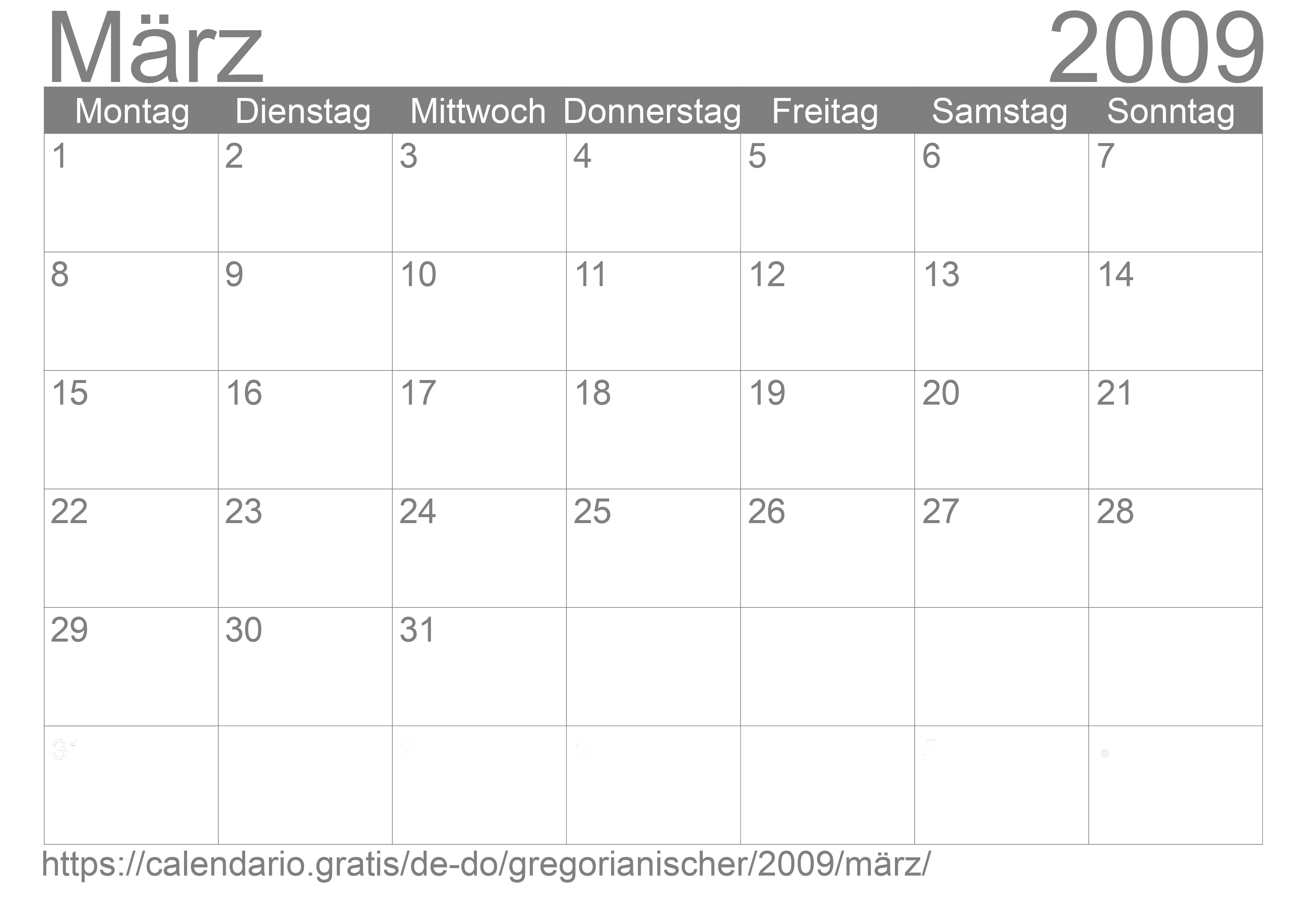 Kalender März 2009 zum Ausdrucken