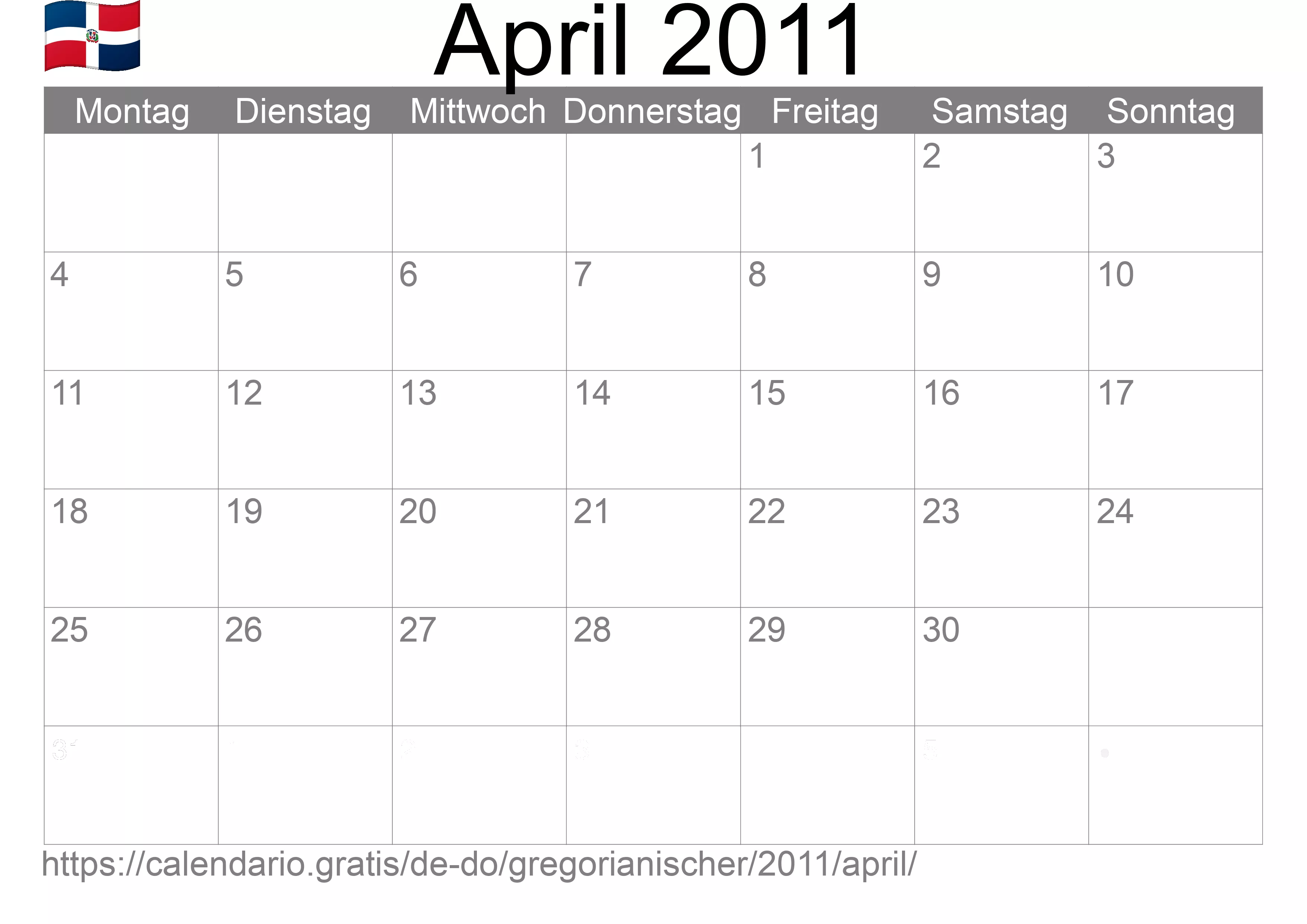 Kalender April 2011 zum Ausdrucken (Dominikanische Republik)