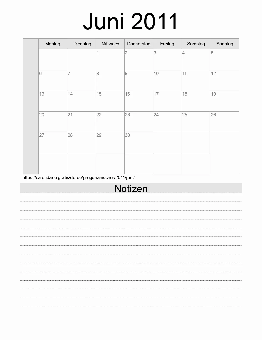 Kalender für Juni 2011 zum Drucken mit Notizen. (Dominikanische Republik)