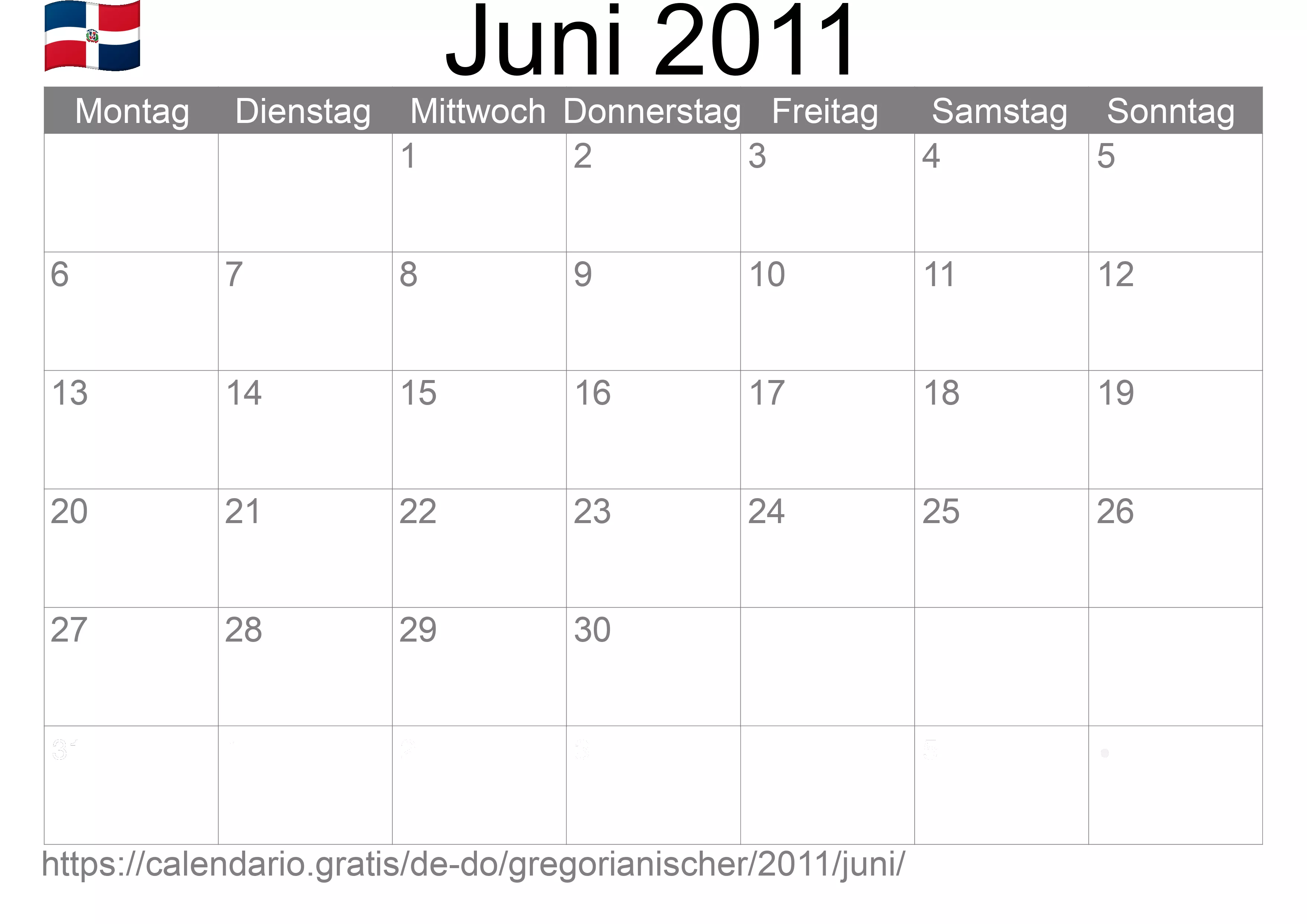 Kalender Juni 2011 zum Ausdrucken (Dominikanische Republik)