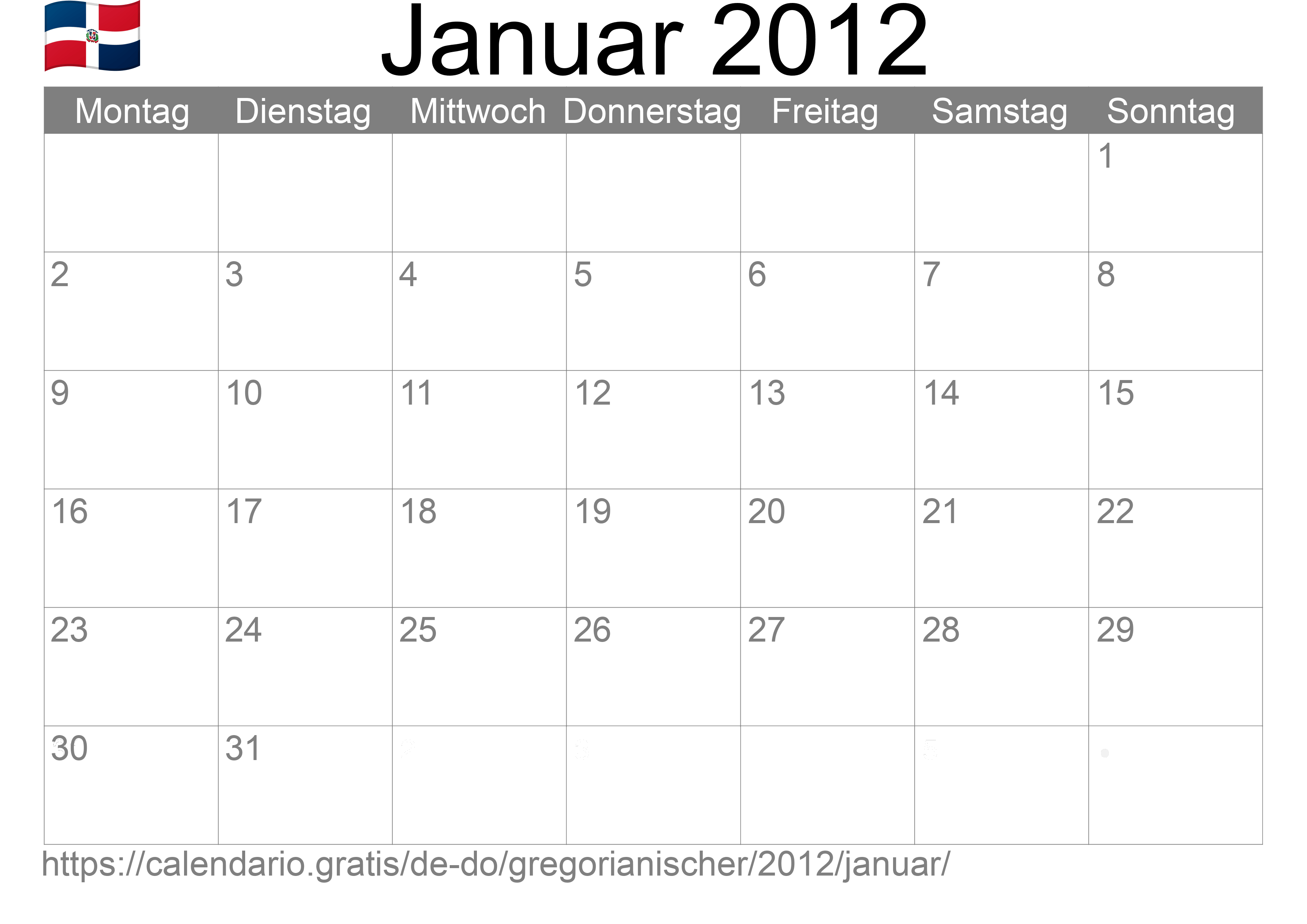 Kalender Januar 2012 zum Ausdrucken