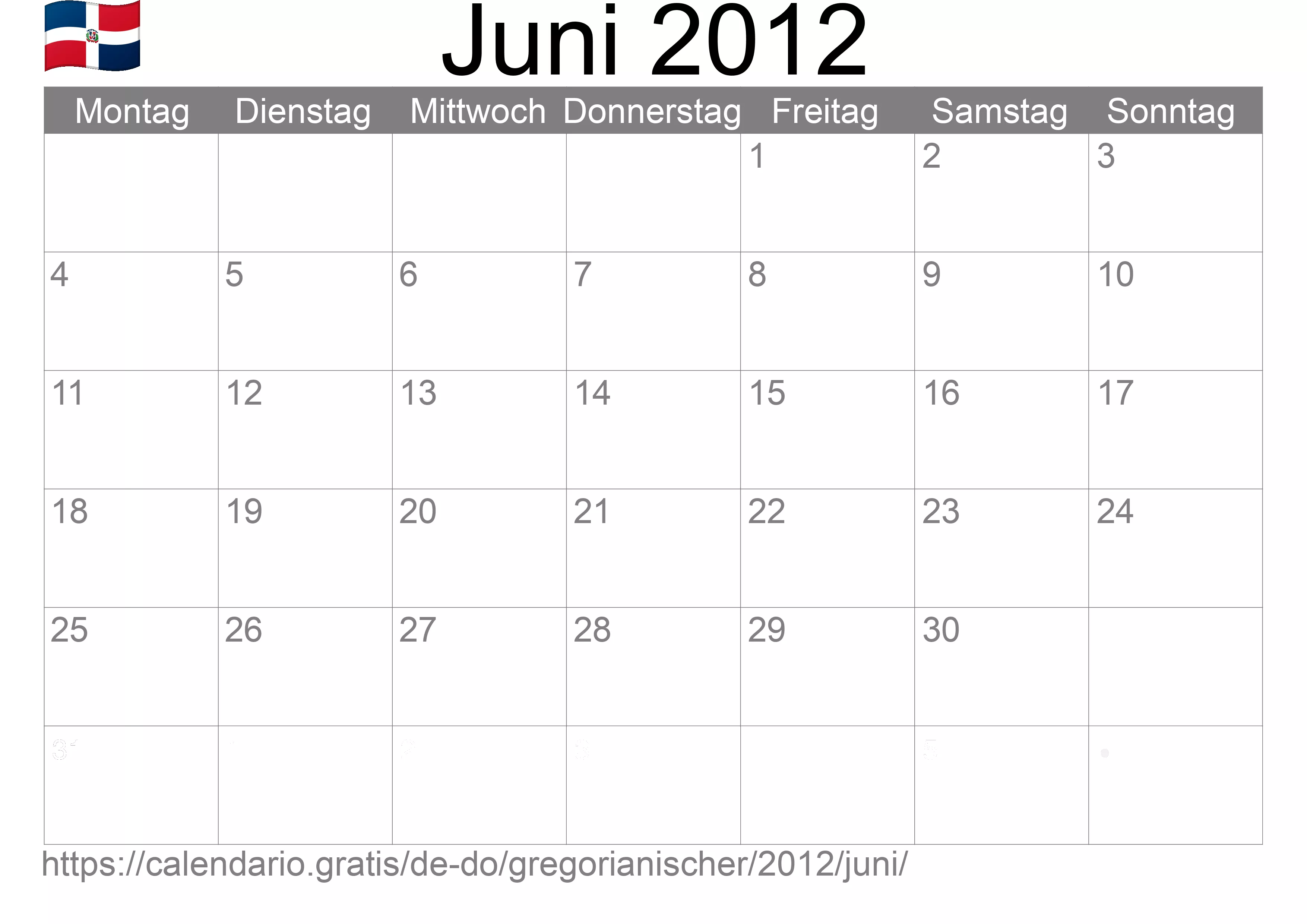 Kalender Juni 2012 zum Ausdrucken (Dominikanische Republik)