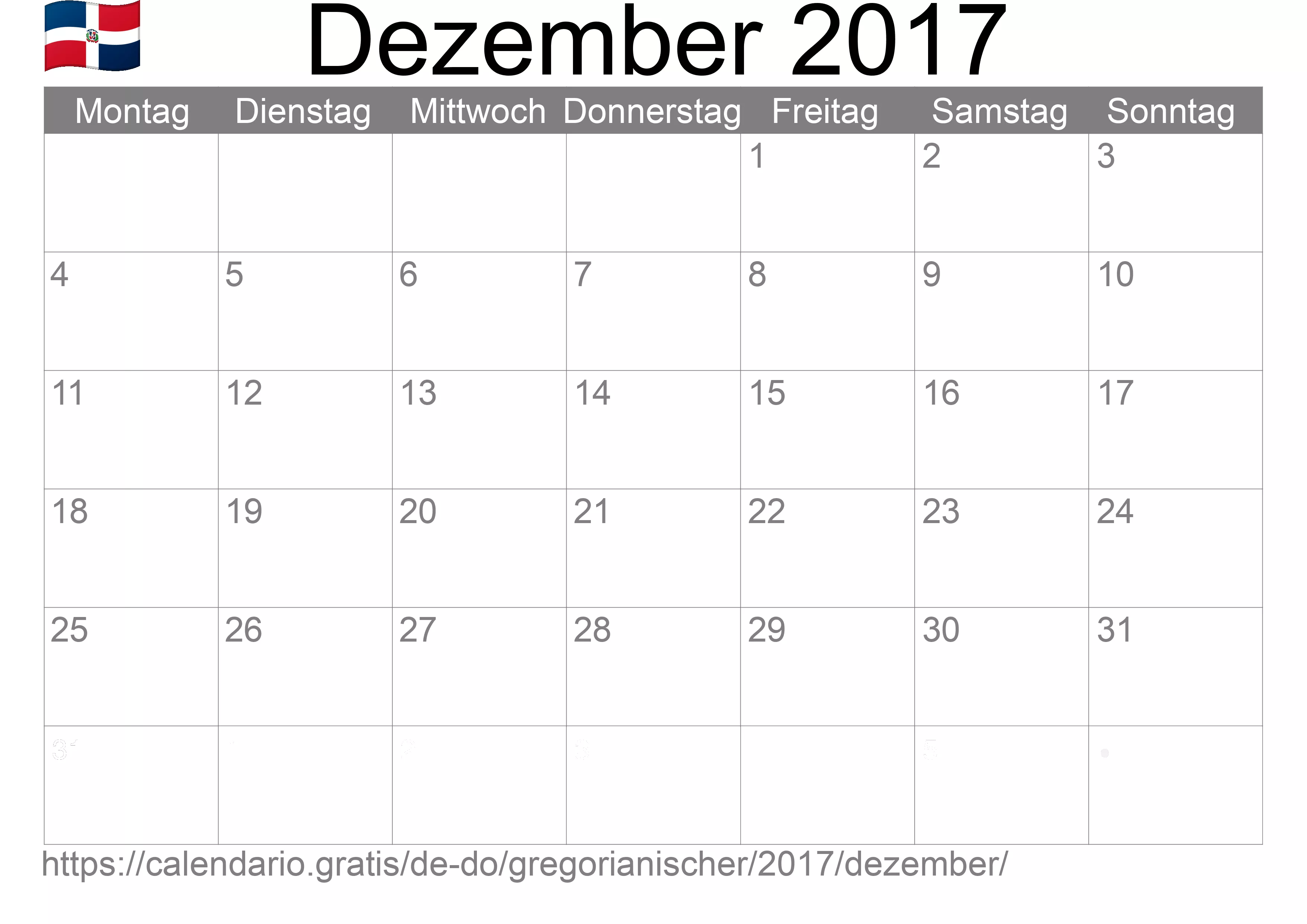 Kalender Dezember 2017 zum Ausdrucken (Dominikanische Republik)