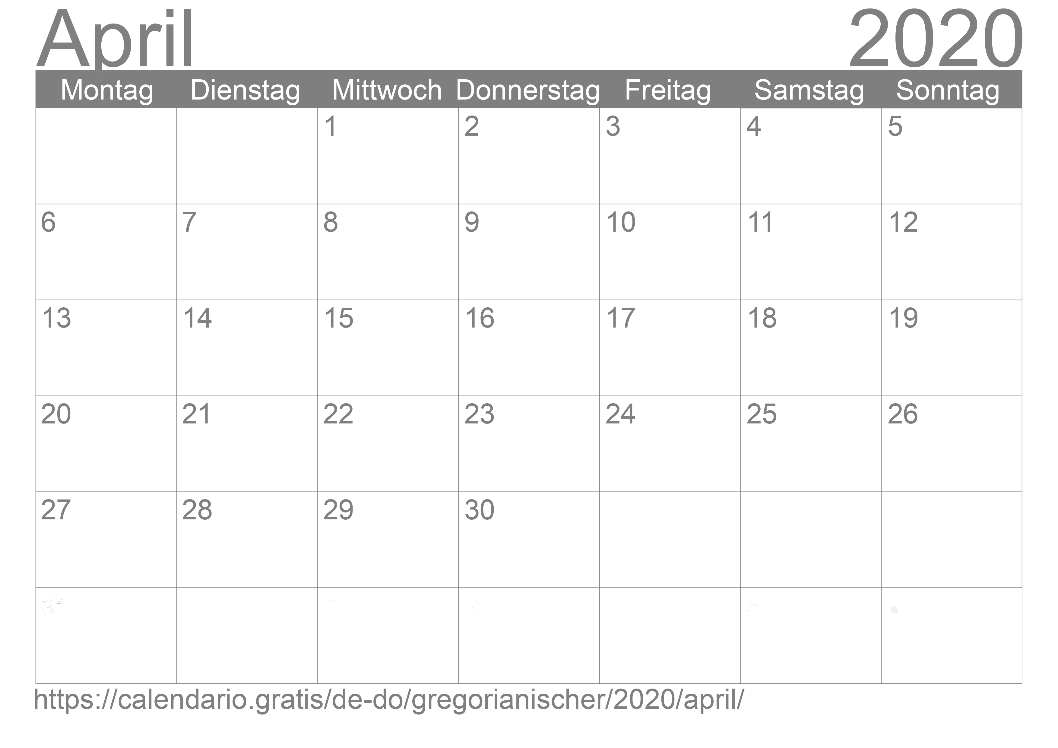 Kalender April 2020 zum Ausdrucken
