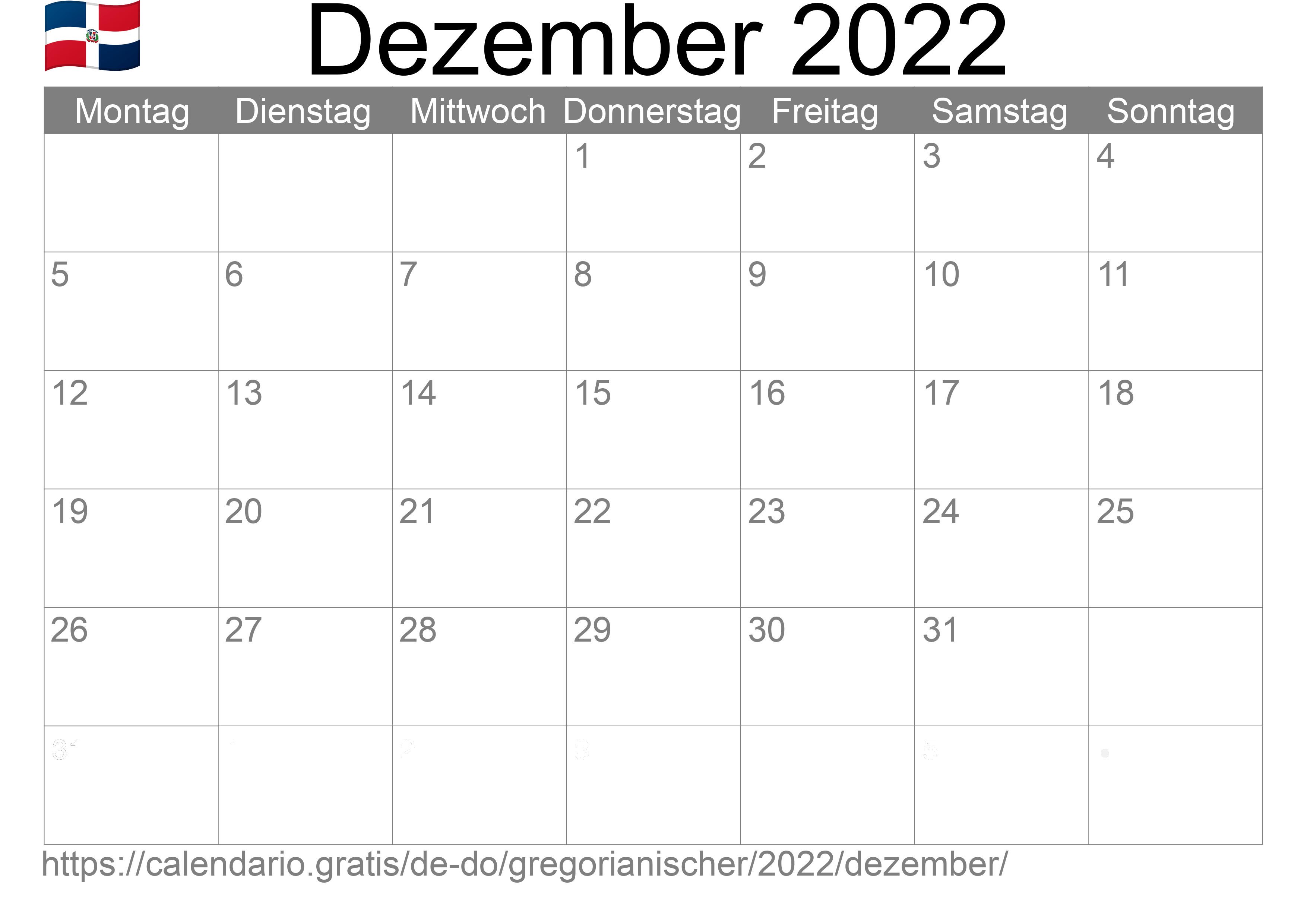 Kalender Dezember 2022 zum Ausdrucken