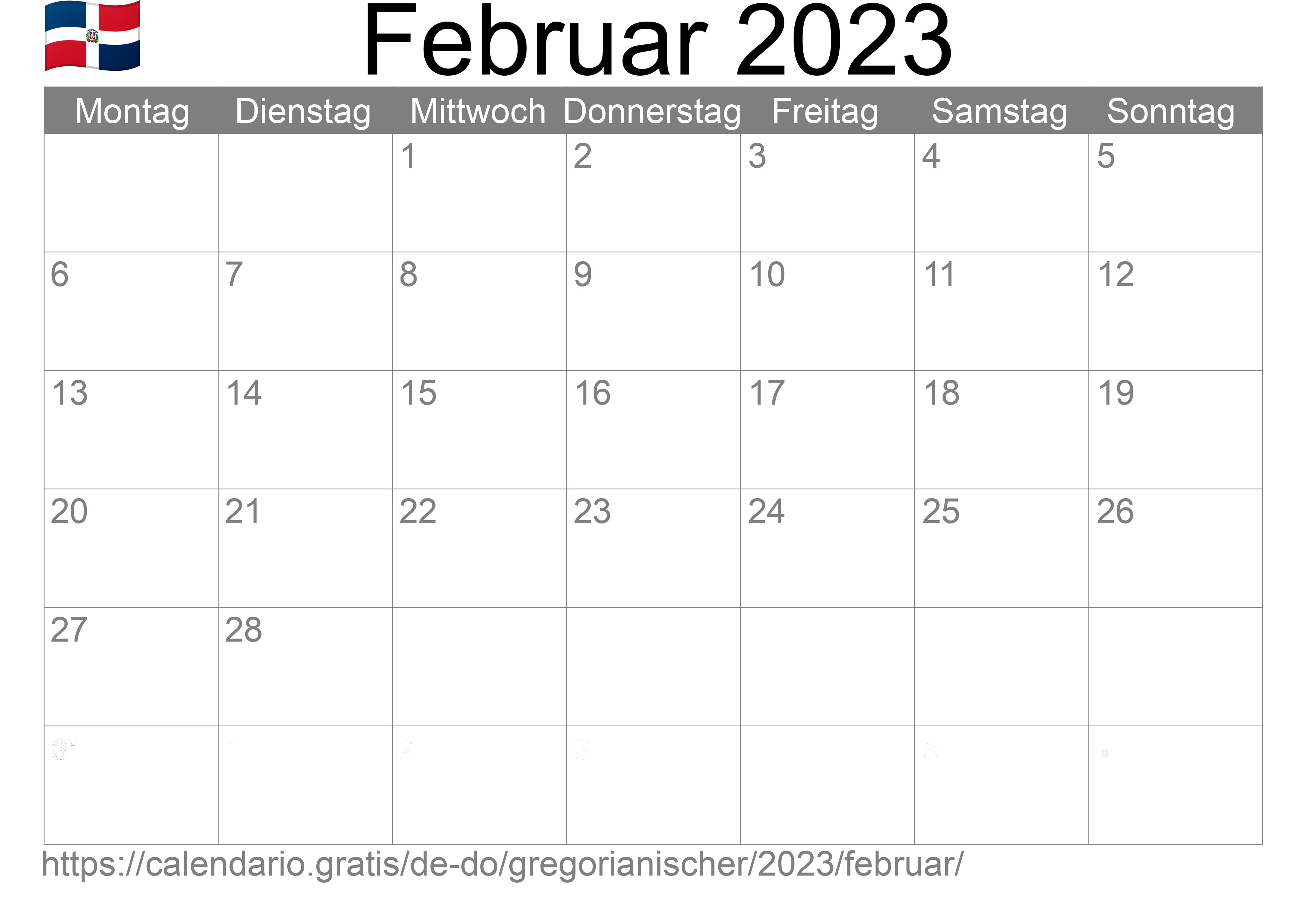 Kalender Februar 2023 zum Ausdrucken