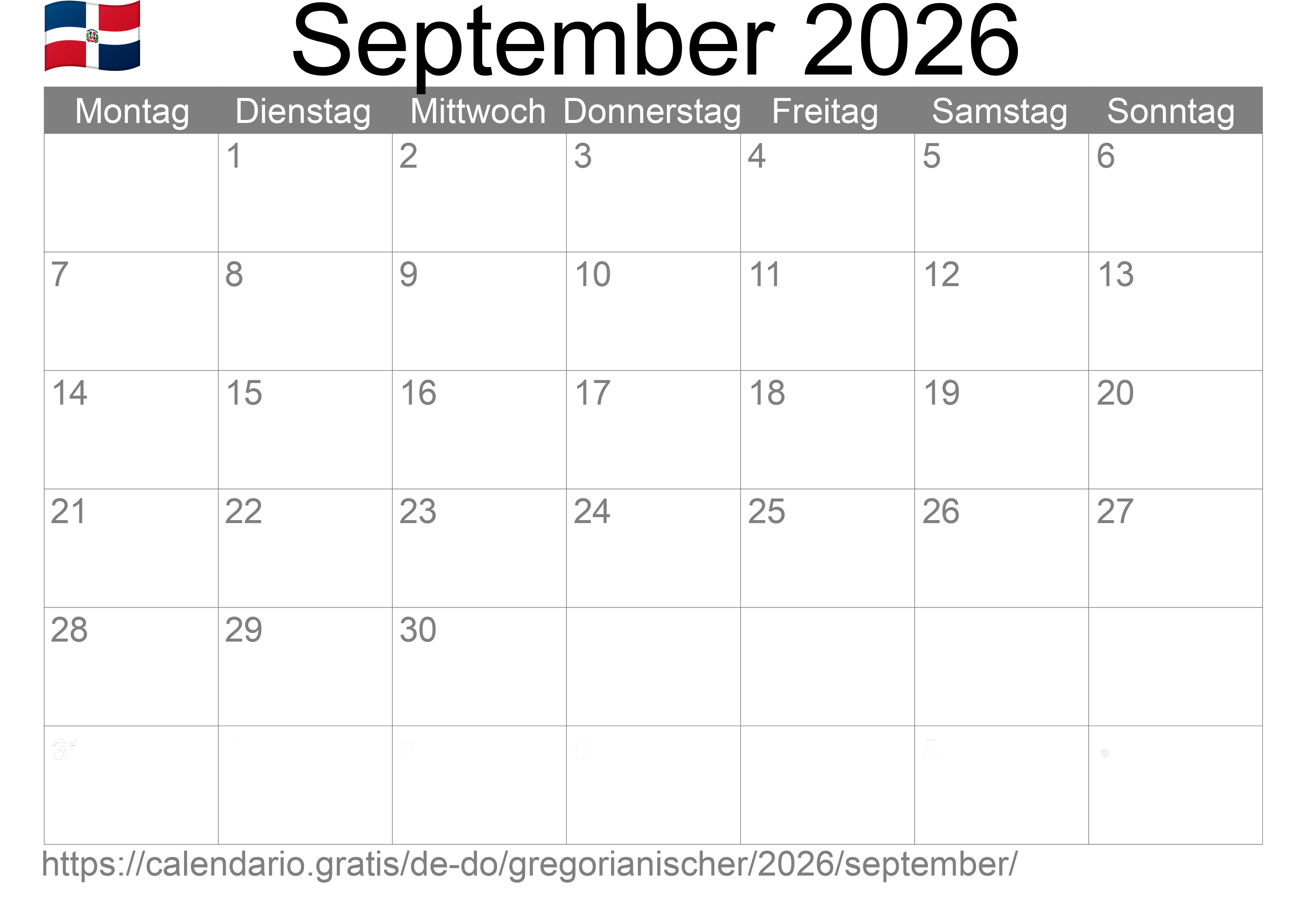 Kalender September 2026 zum Ausdrucken