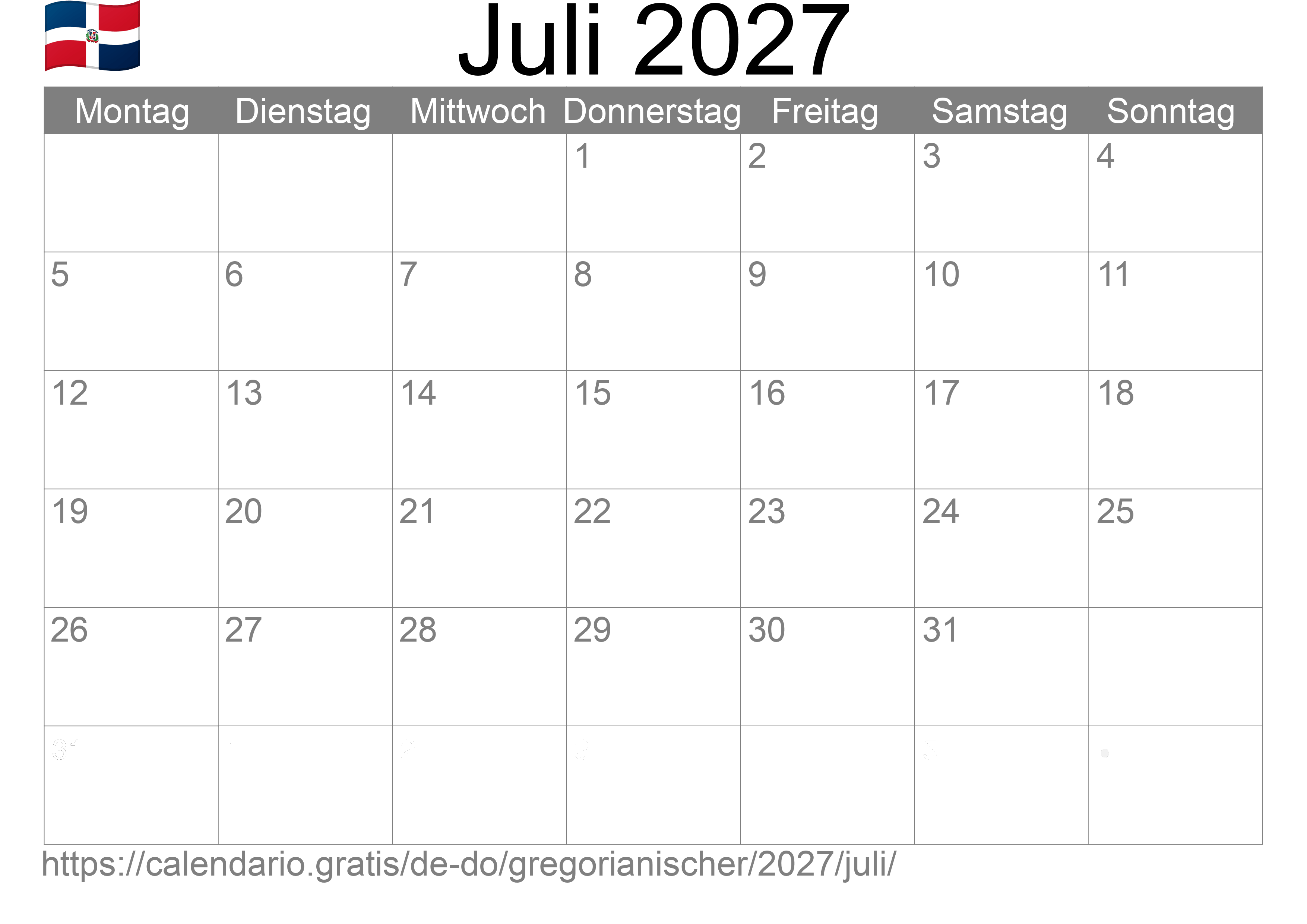 Kalender Juli 2027 zum Ausdrucken