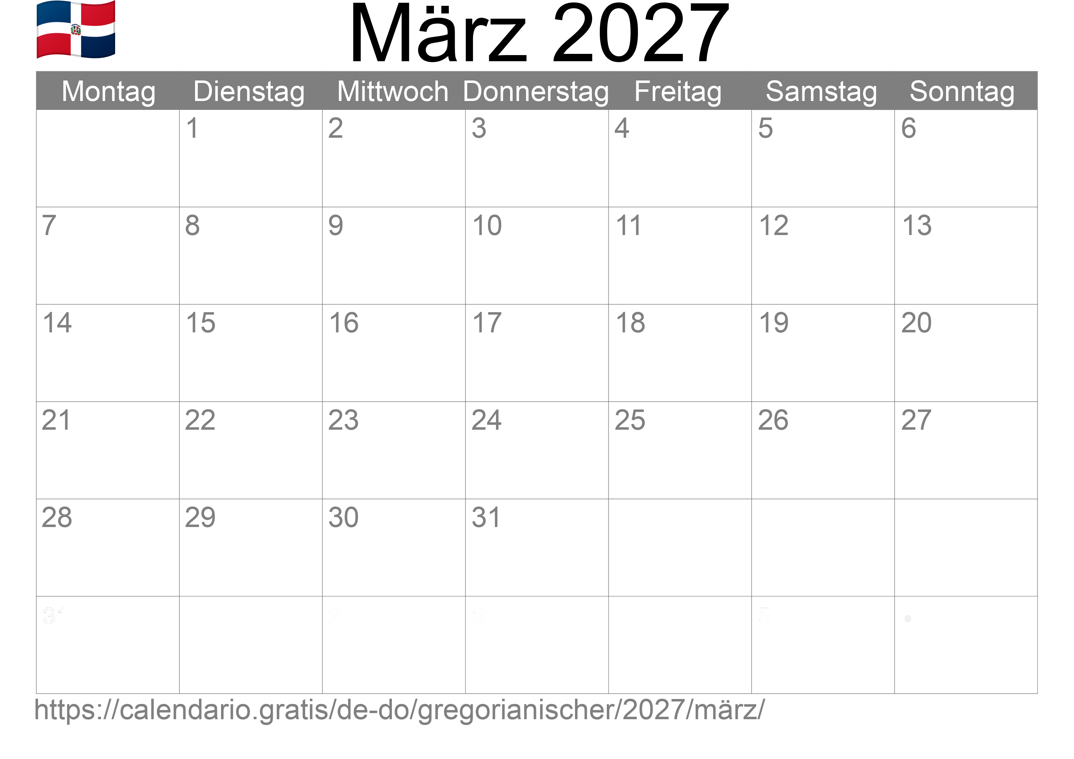 Kalender März 2027 zum Ausdrucken