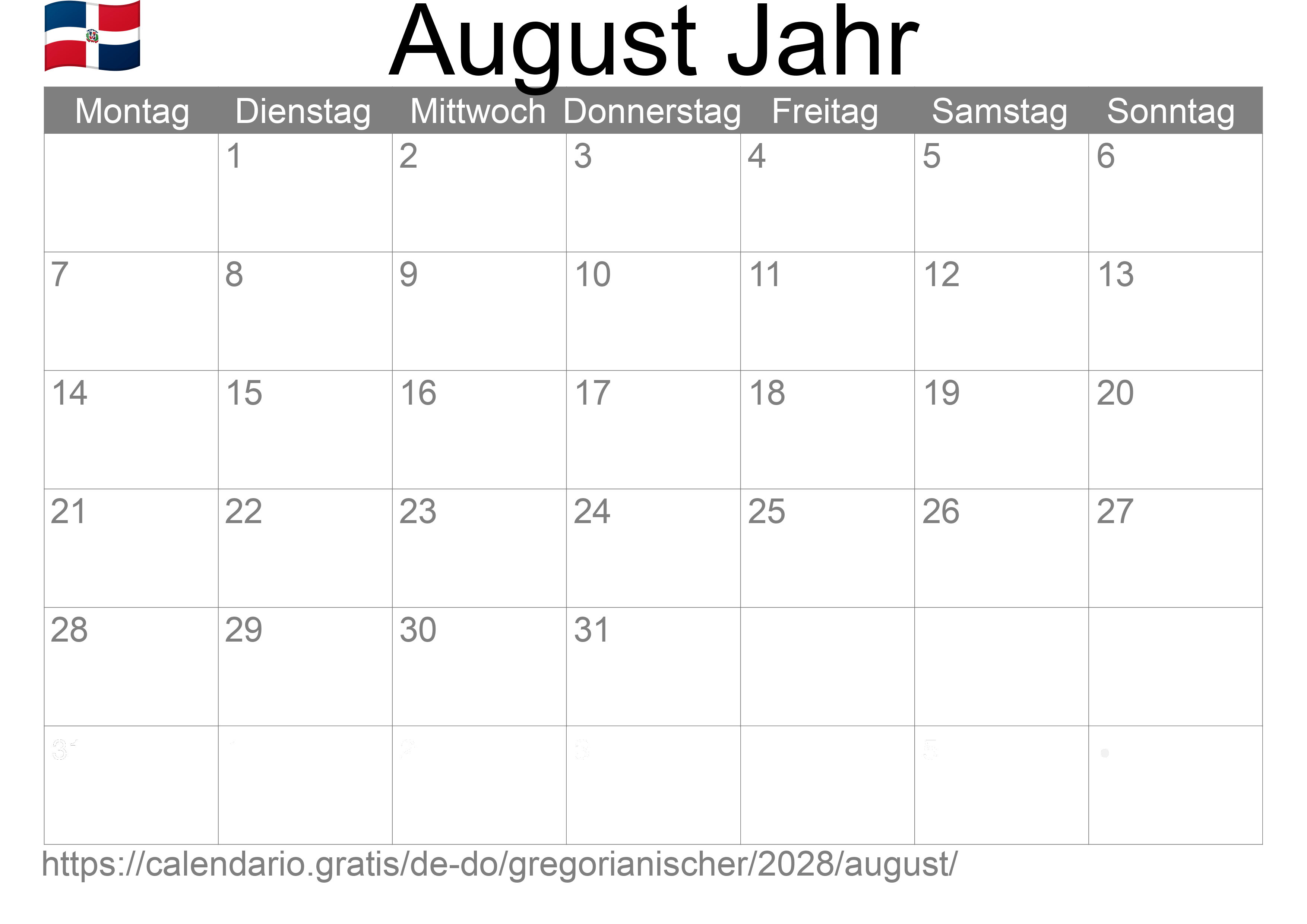 Kalender August 2028 zum Ausdrucken