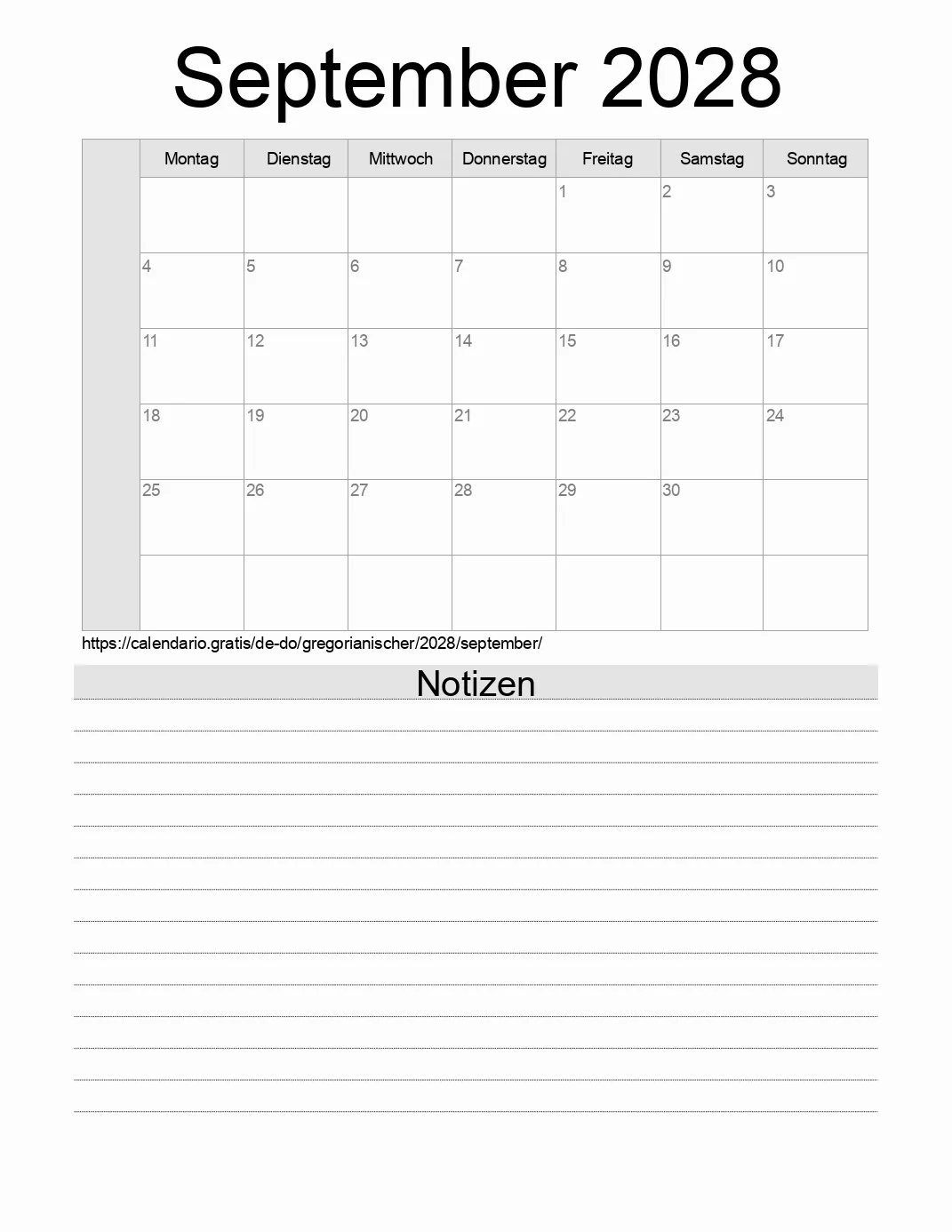 Kalender für September 2028 zum Drucken mit Notizen. (Dominikanische Republik)