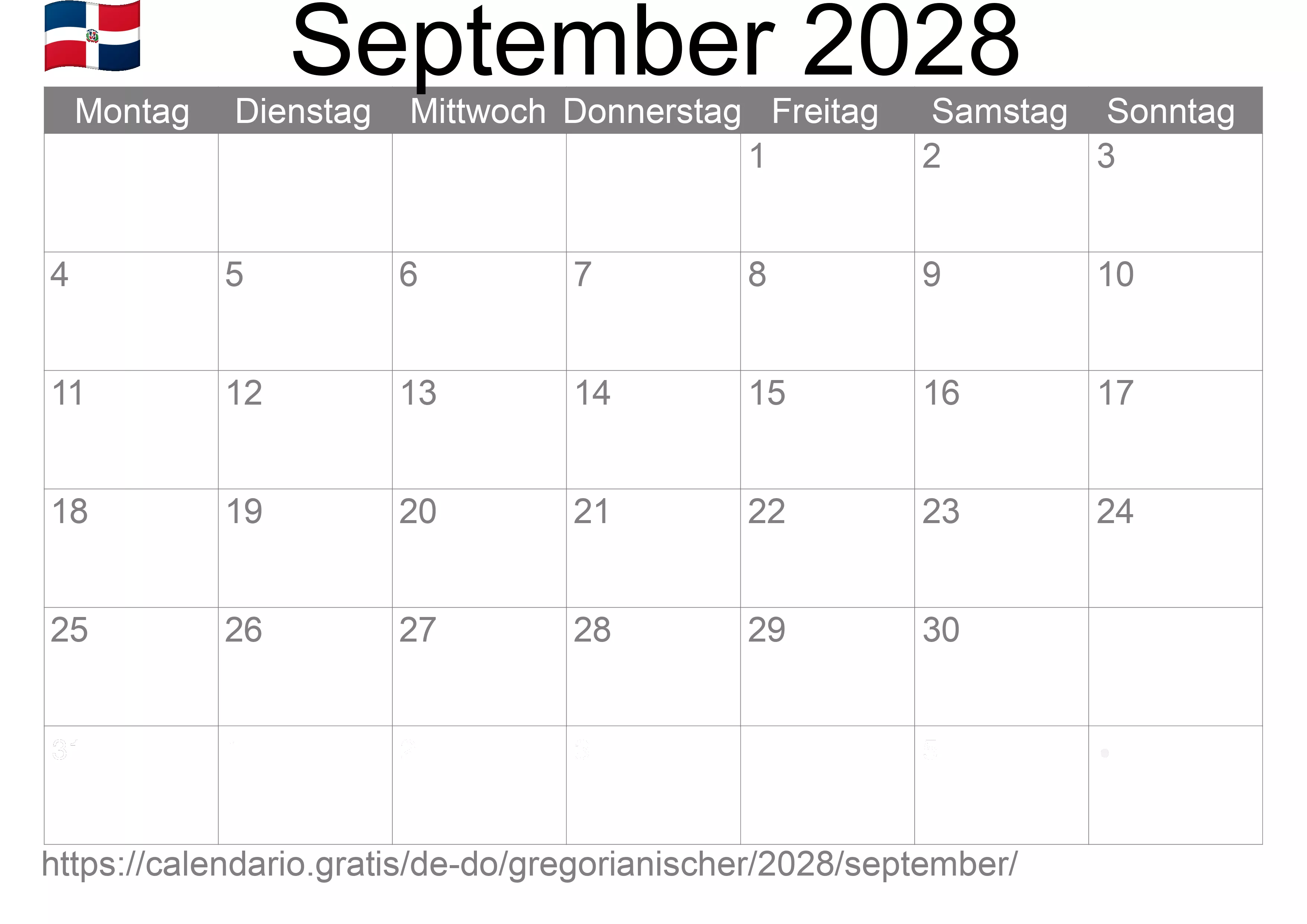 Kalender September 2028 zum Ausdrucken (Dominikanische Republik)