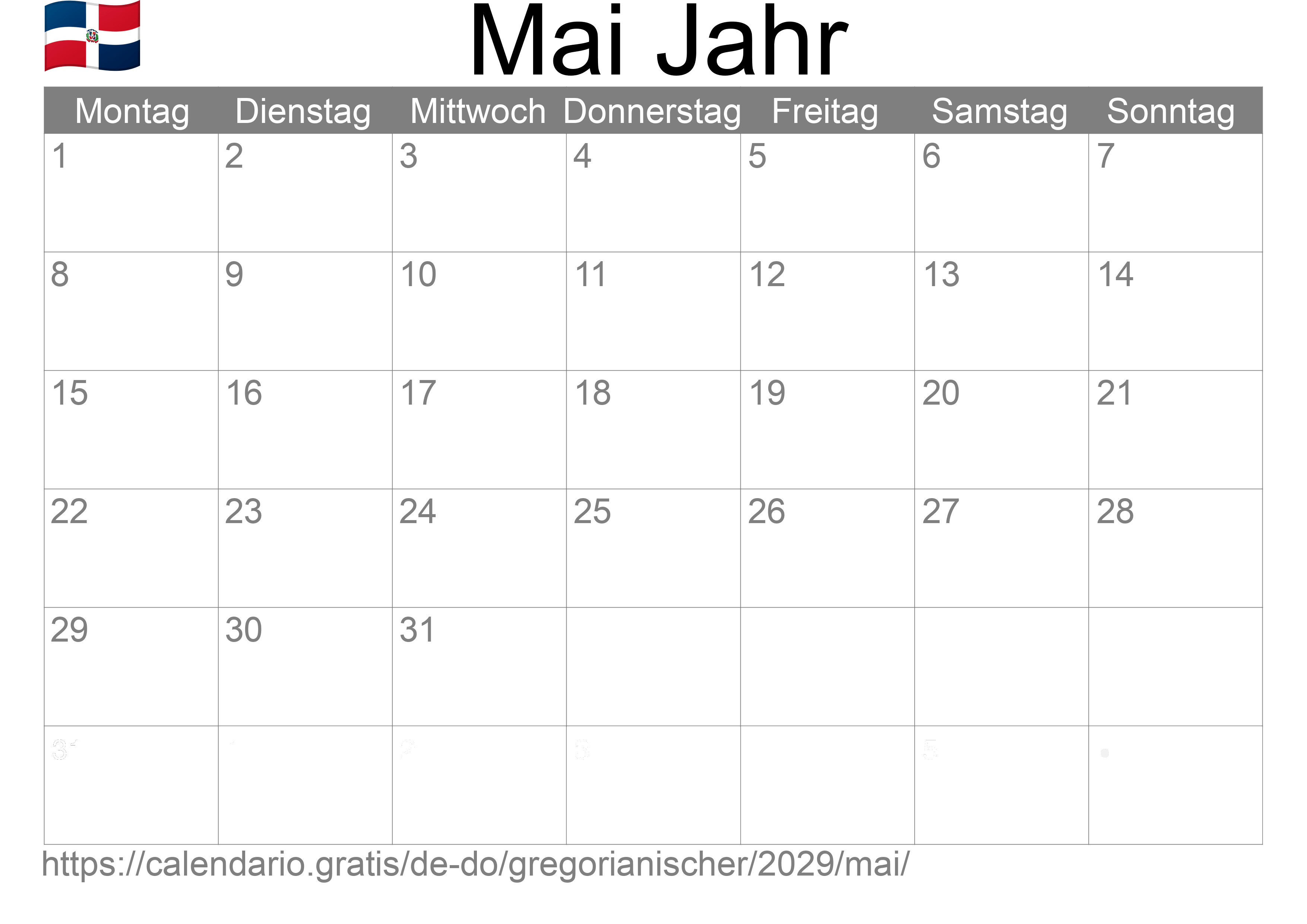 Kalender Mai 2029 zum Ausdrucken