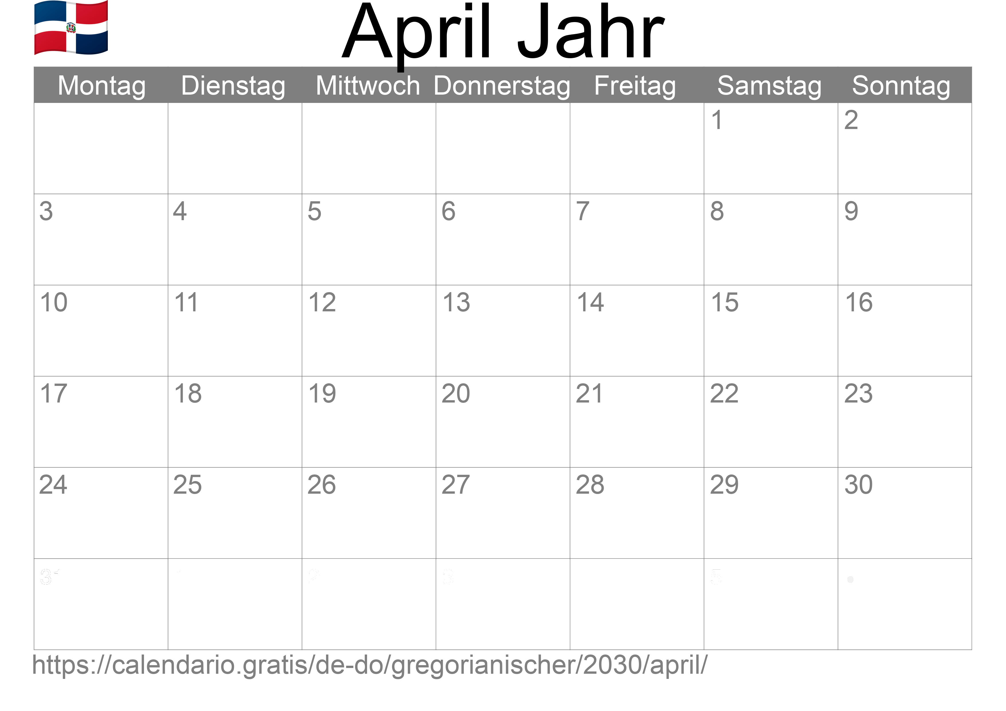 Kalender April 2030 zum Ausdrucken