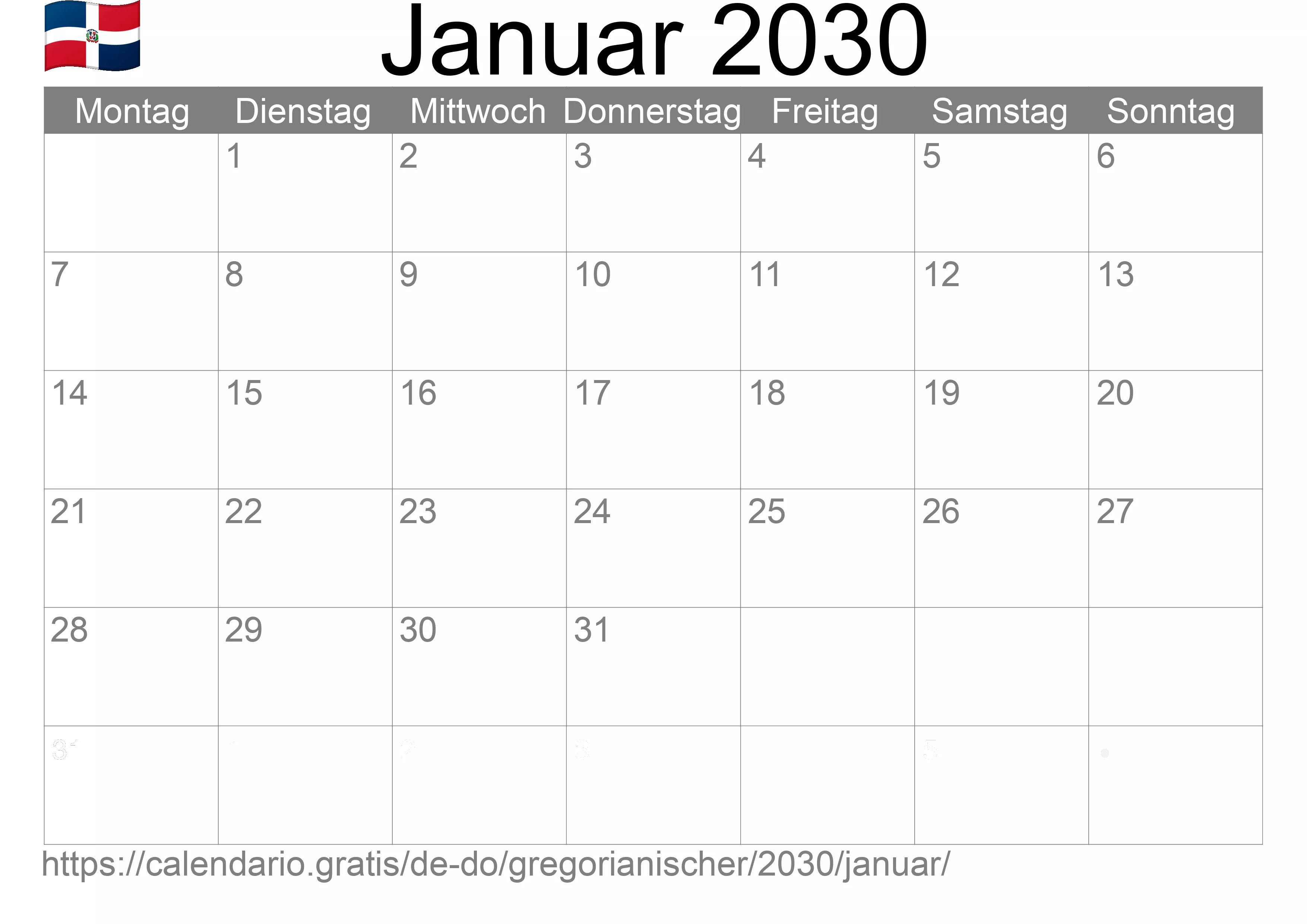 Kalender Januar 2030 zum Ausdrucken (Dominikanische Republik)