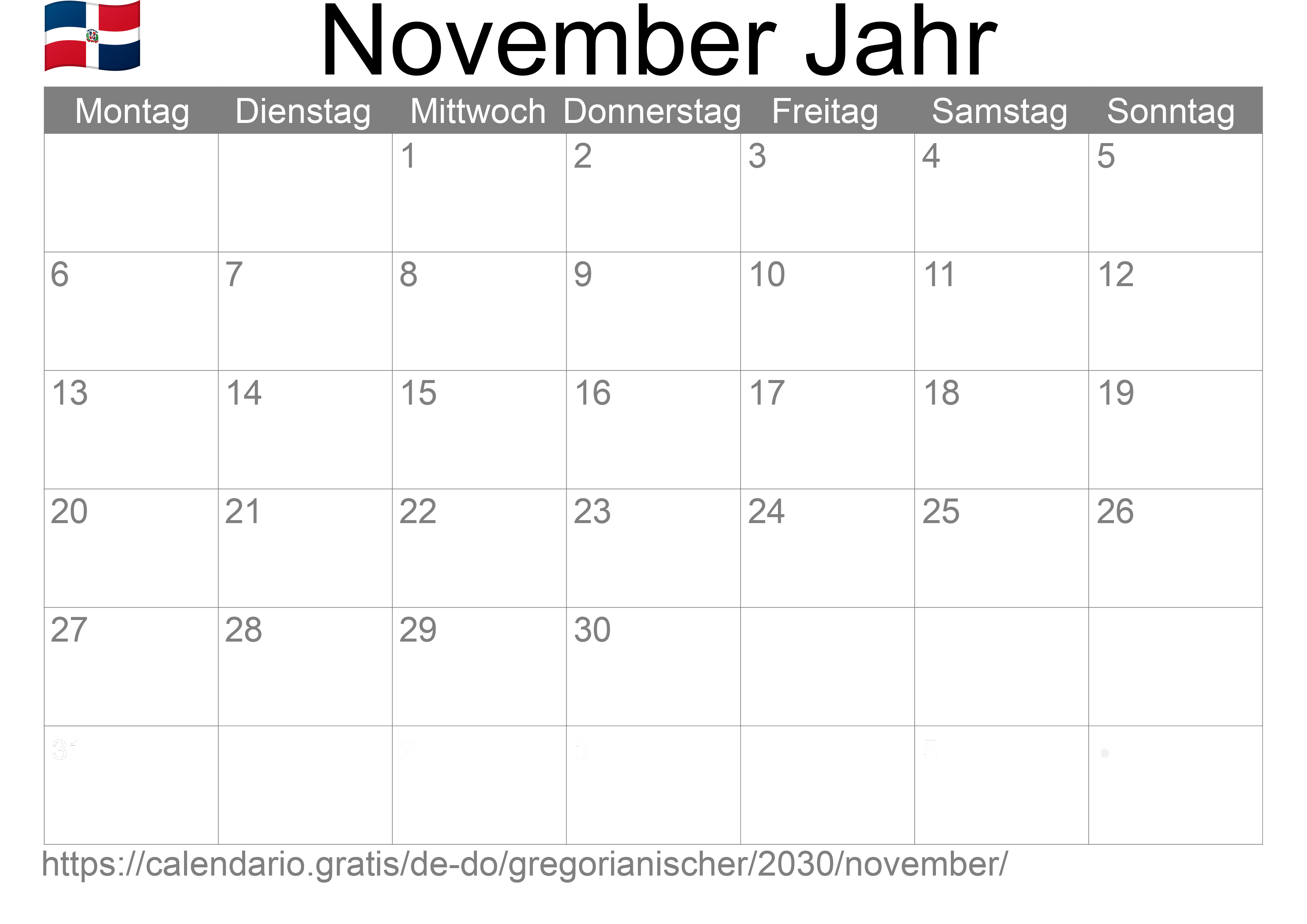 Kalender November 2030 zum Ausdrucken