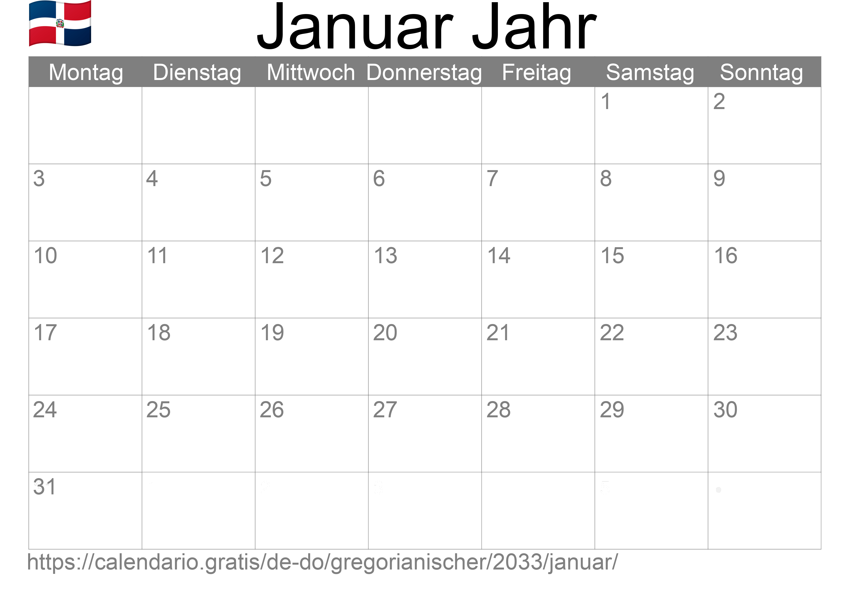 Kalender Januar 2033 zum Ausdrucken