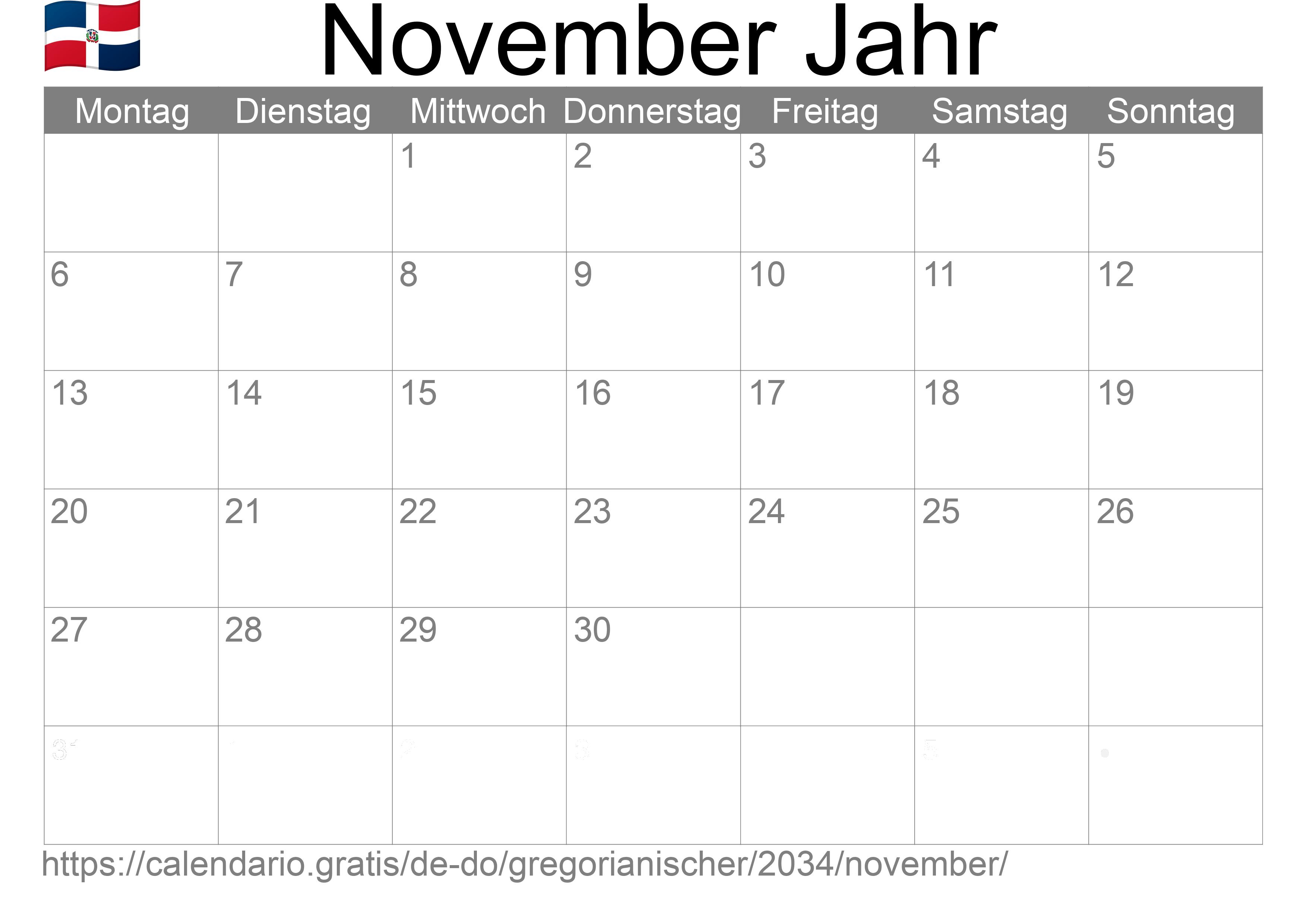 Kalender November 2034 zum Ausdrucken