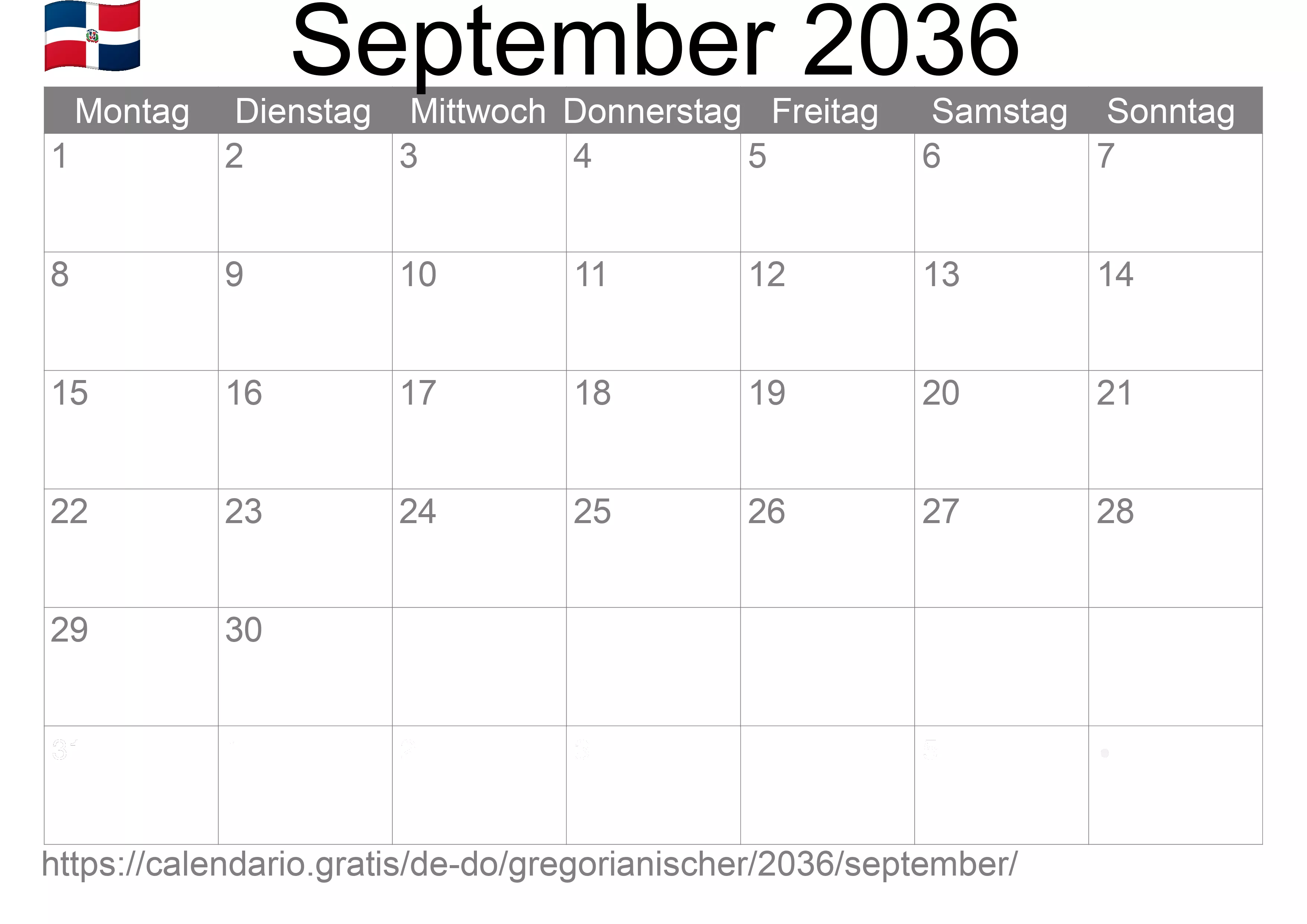 Kalender September 2036 zum Ausdrucken (Dominikanische Republik)