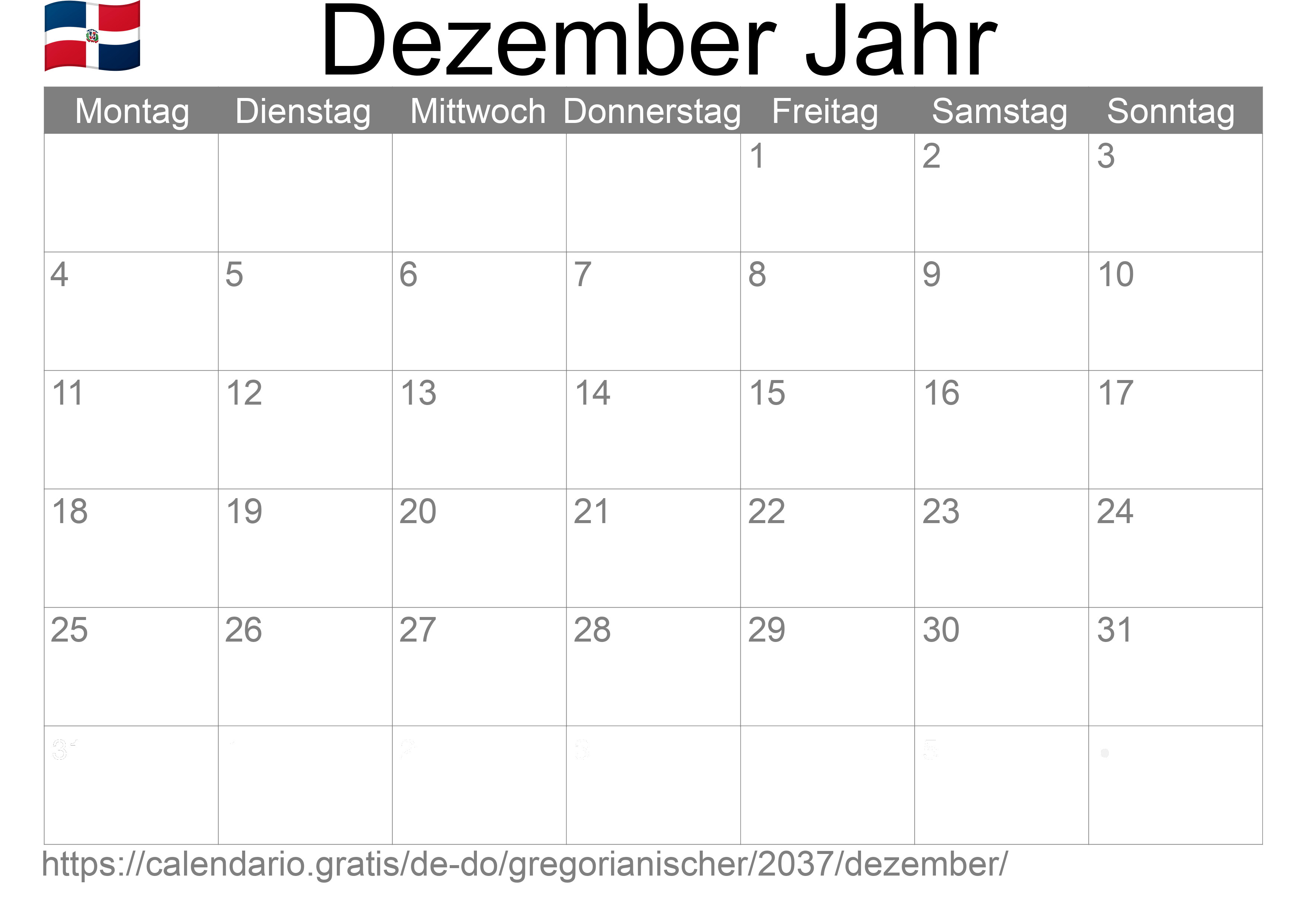 Kalender Dezember 2037 zum Ausdrucken