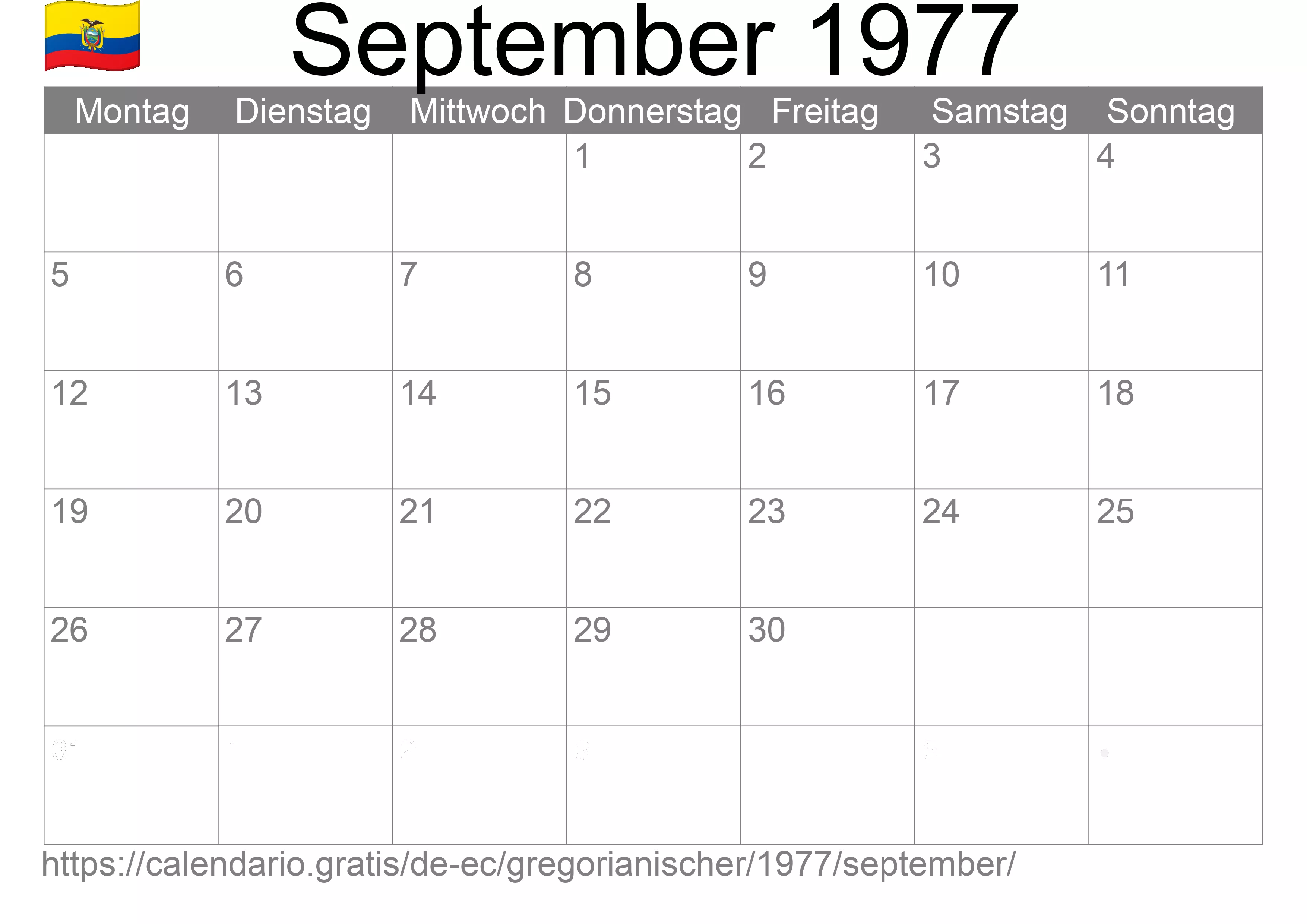 Kalender September 1977 zum Ausdrucken (Ecuador)