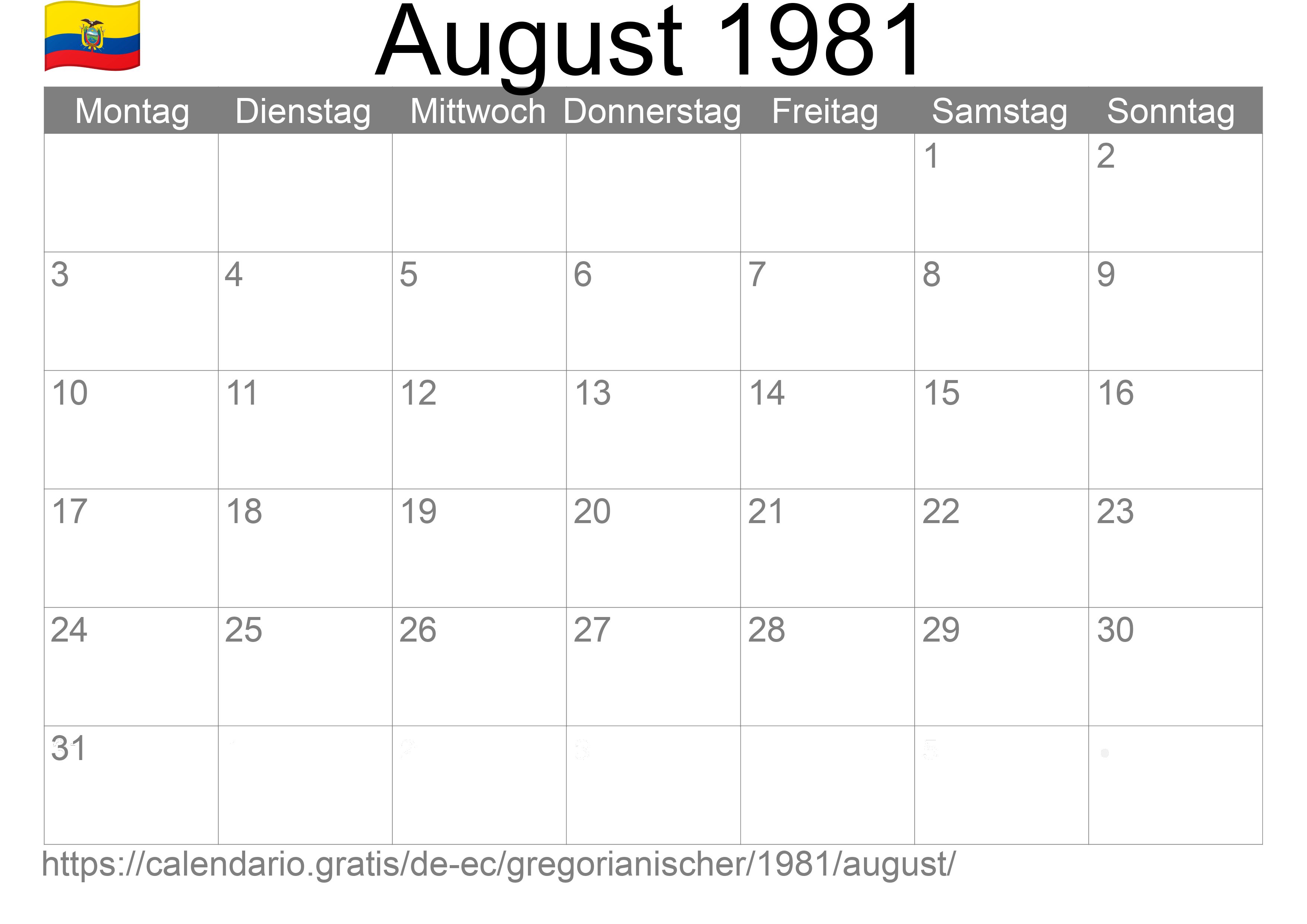 Kalender August 1981 zum Ausdrucken