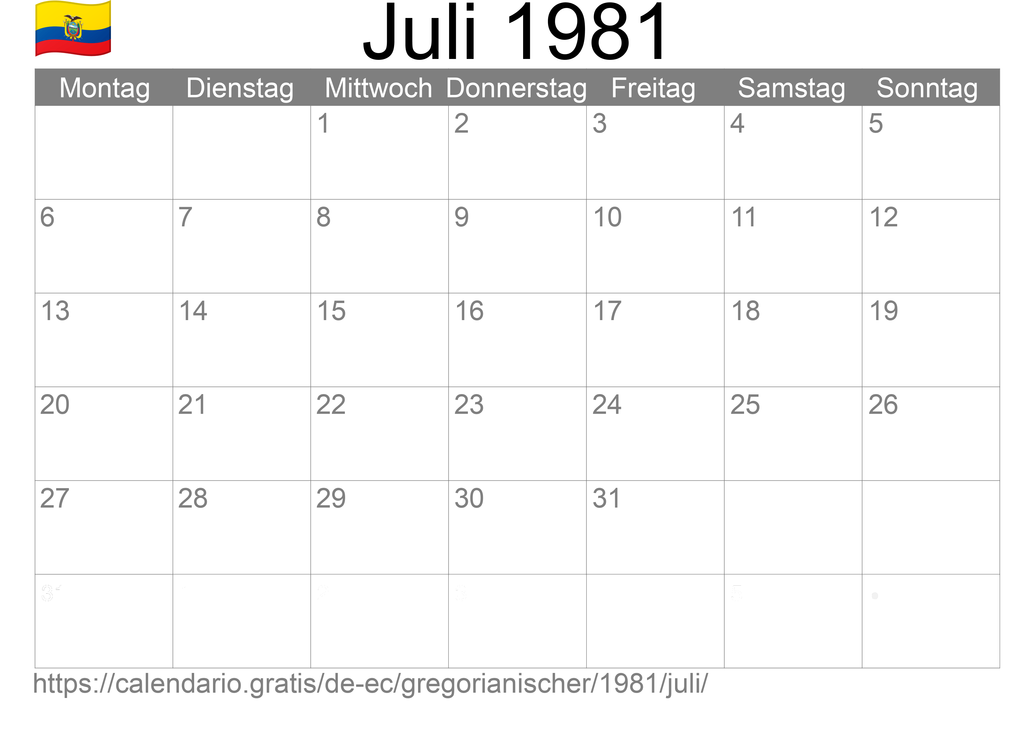 Kalender Juli 1981 zum Ausdrucken