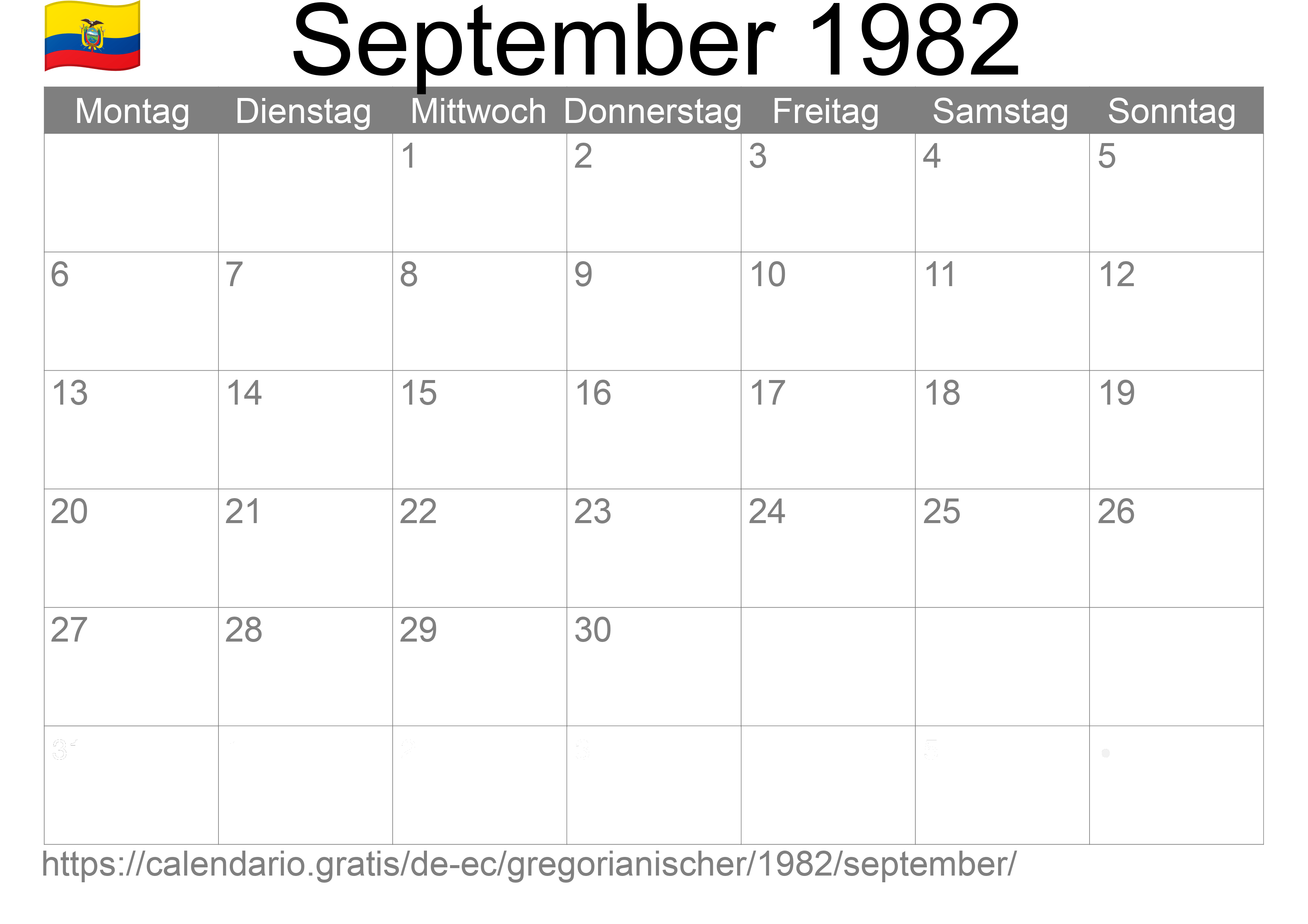 Kalender September 1982 zum Ausdrucken