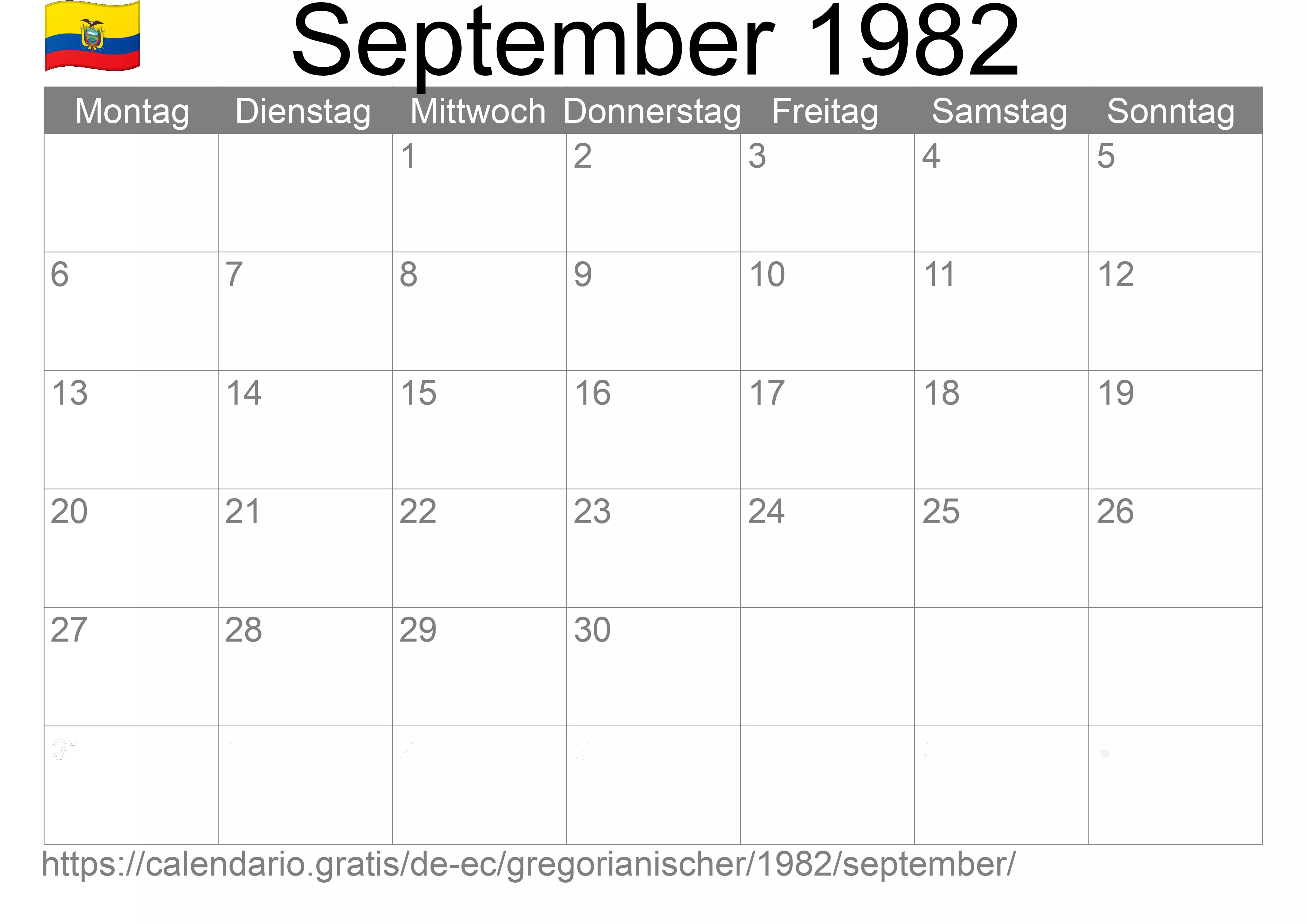 Kalender September 1982 zum Ausdrucken (Ecuador)