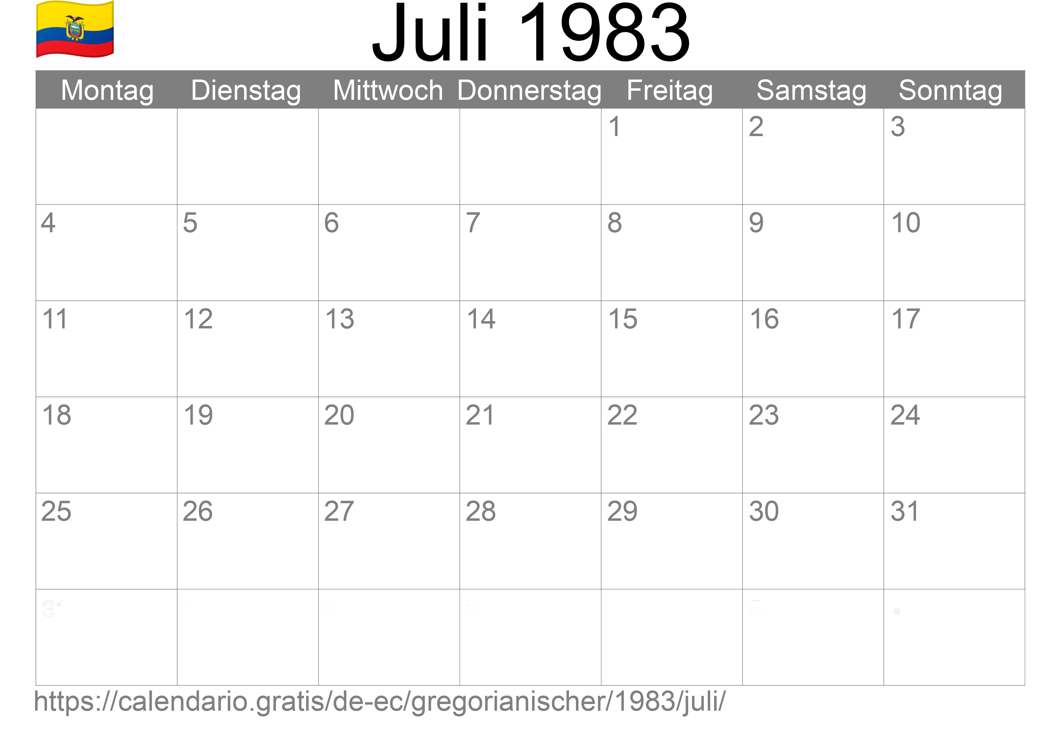 Kalender Juli 1983 zum Ausdrucken