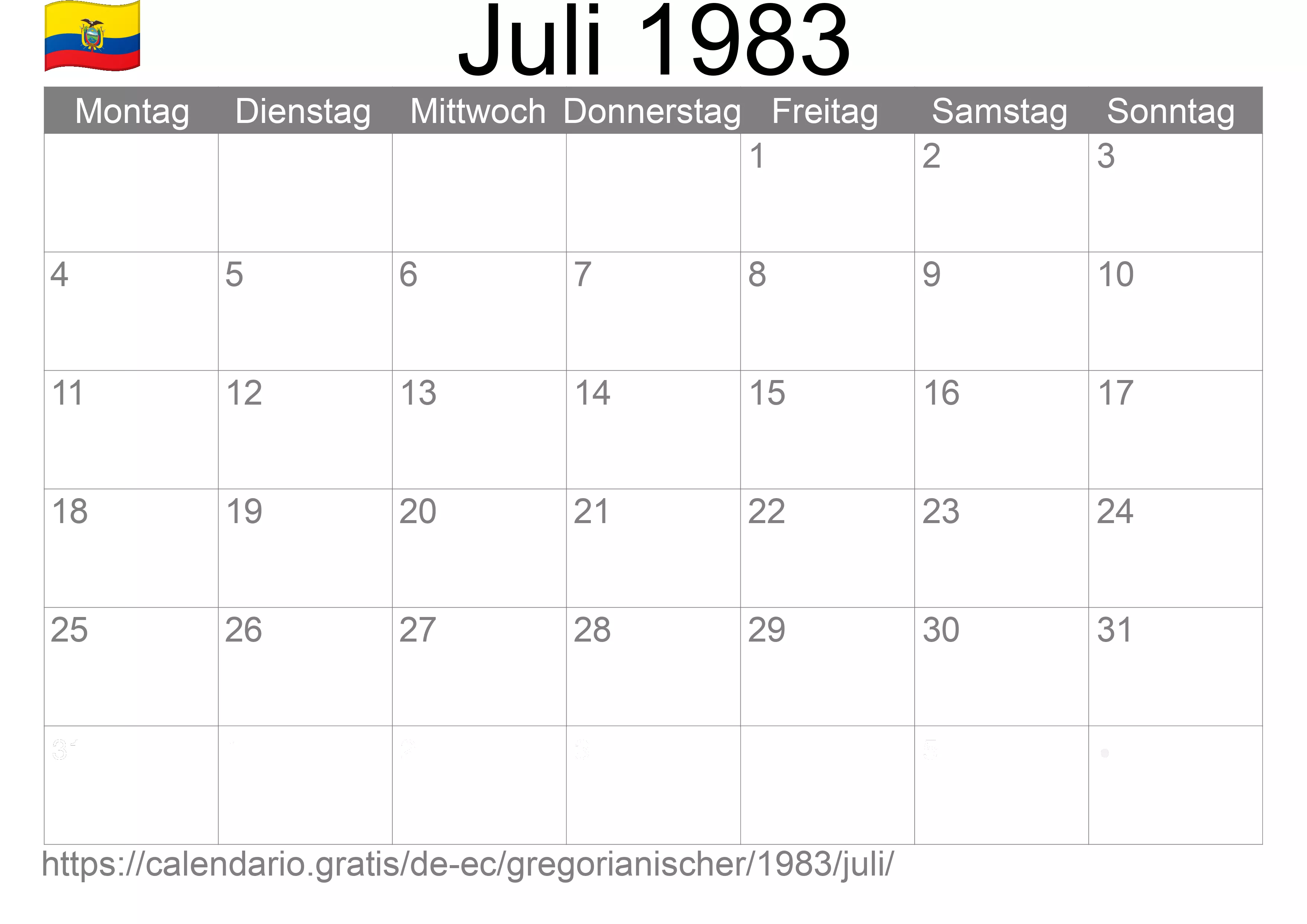 Kalender Juli 1983 zum Ausdrucken (Ecuador)