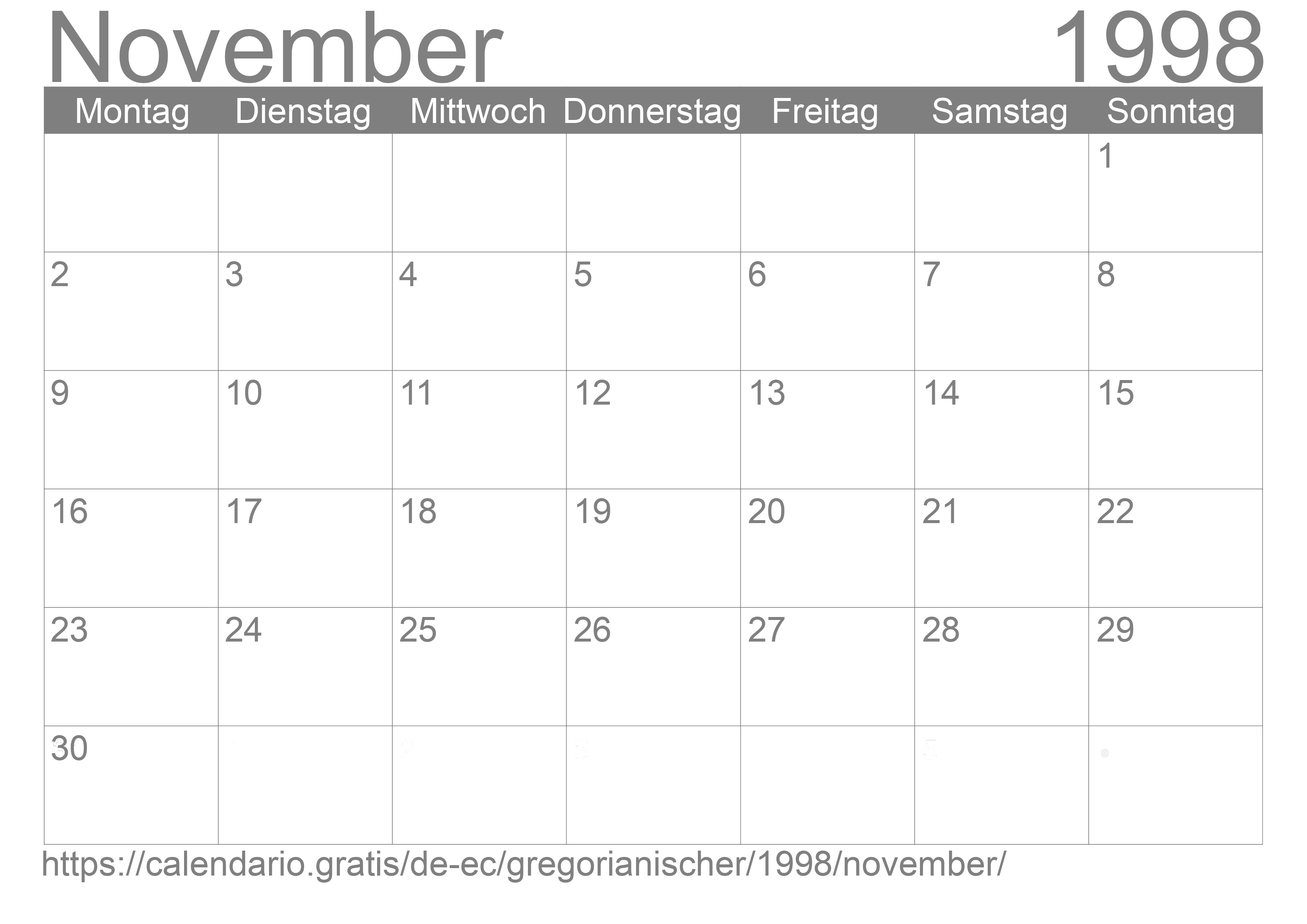 Kalender November 1998 zum Ausdrucken