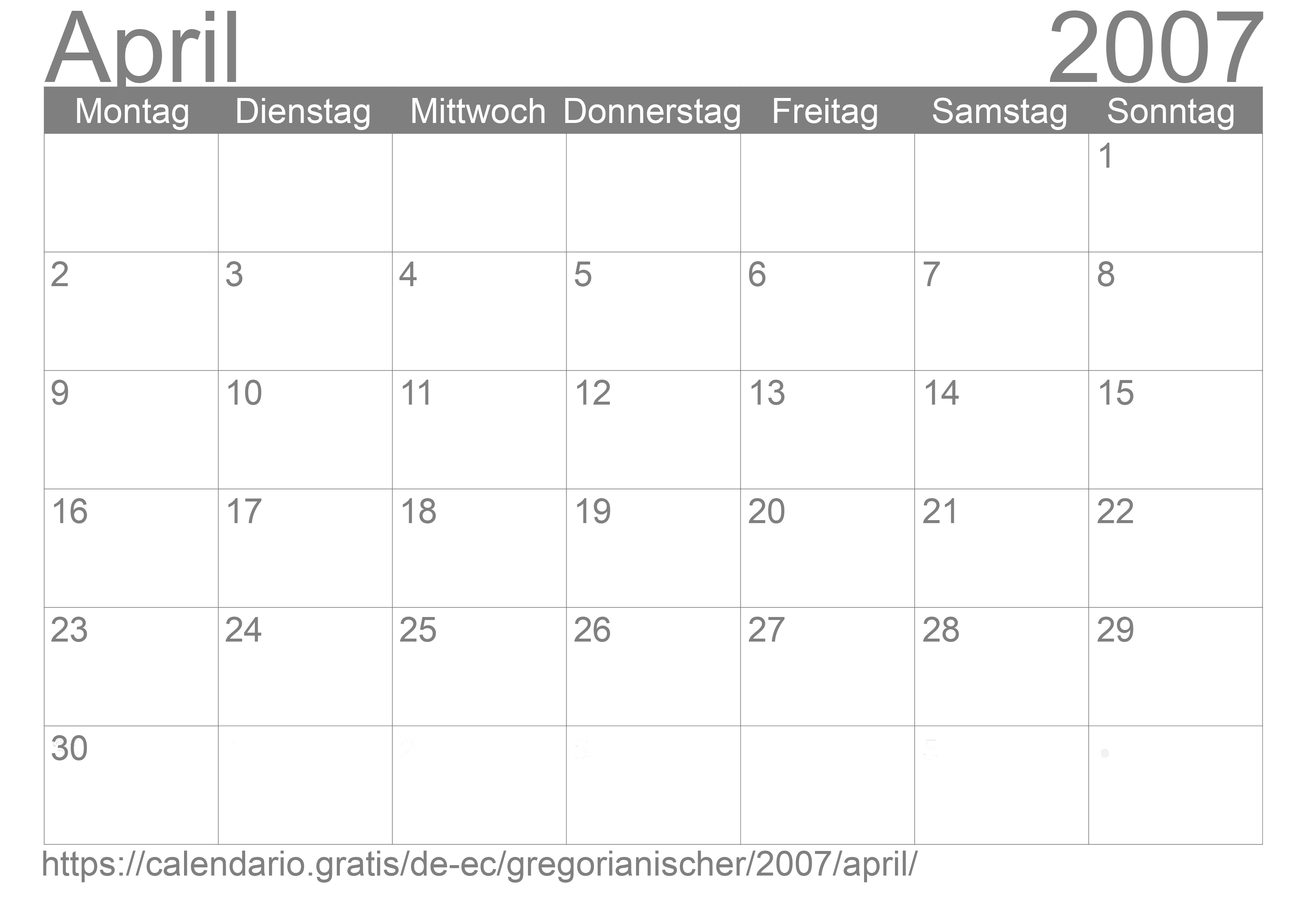 Kalender April 2007 zum Ausdrucken