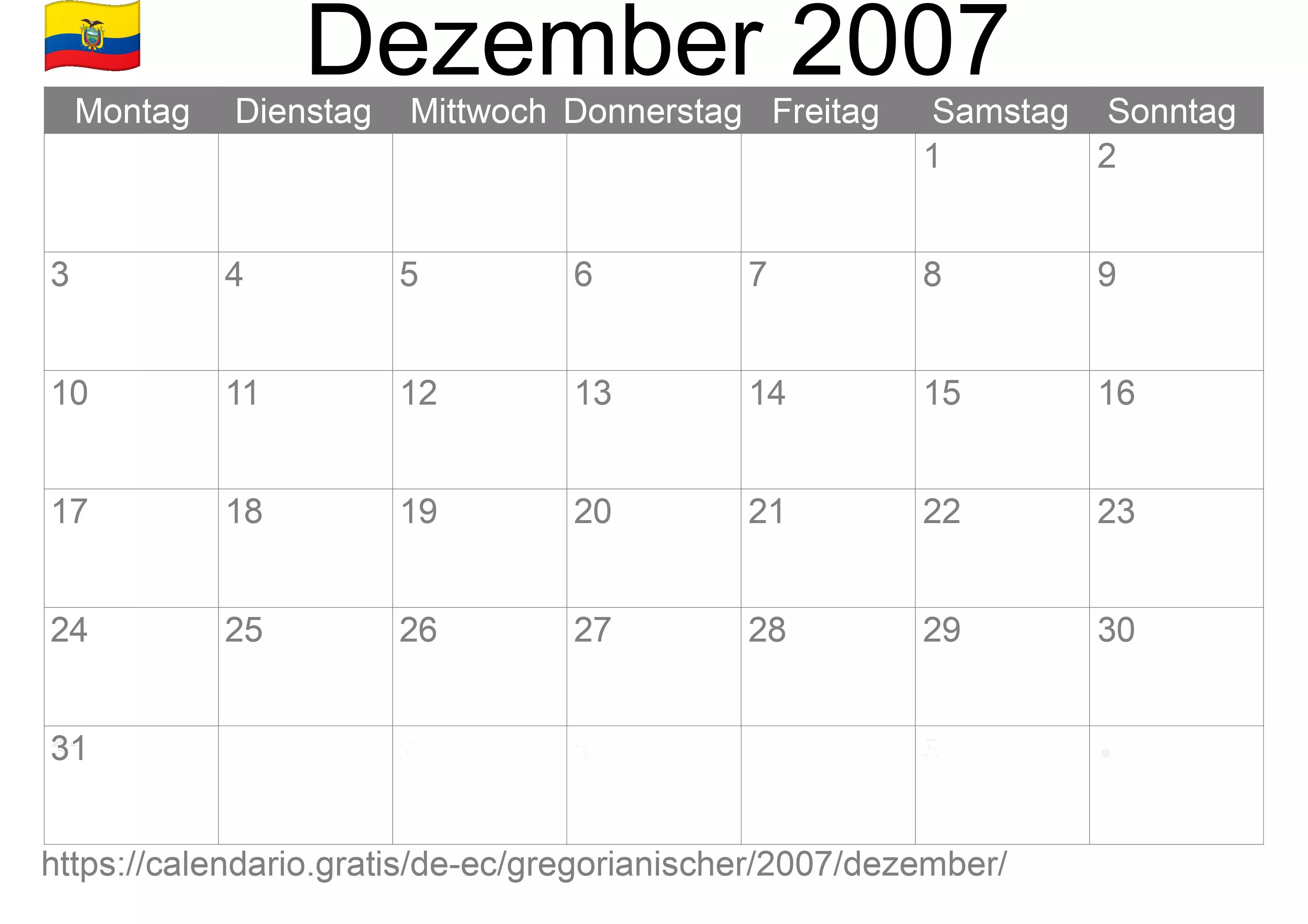Kalender Dezember 2007 zum Ausdrucken (Ecuador)