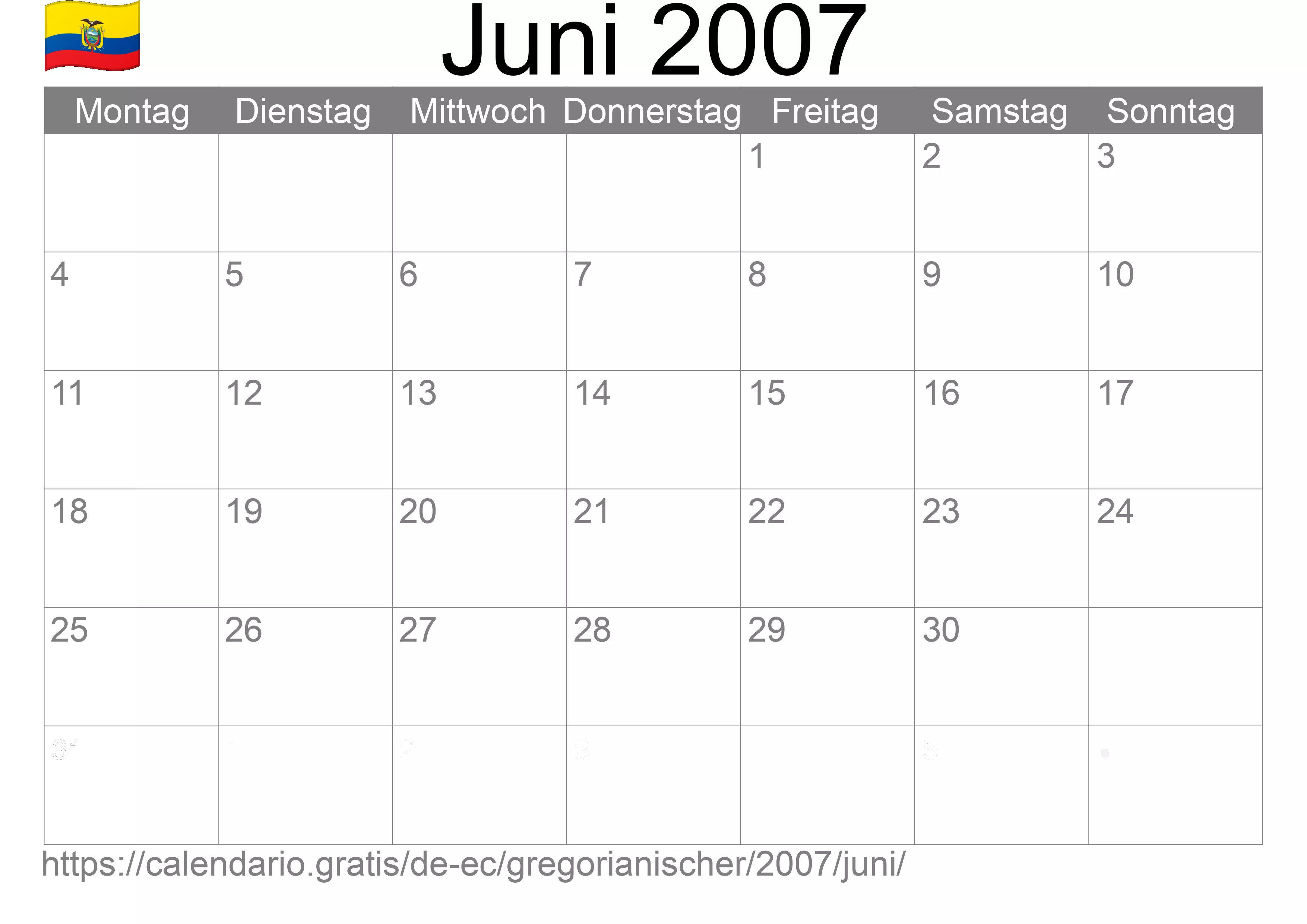 Kalender Juni 2007 zum Ausdrucken (Ecuador)