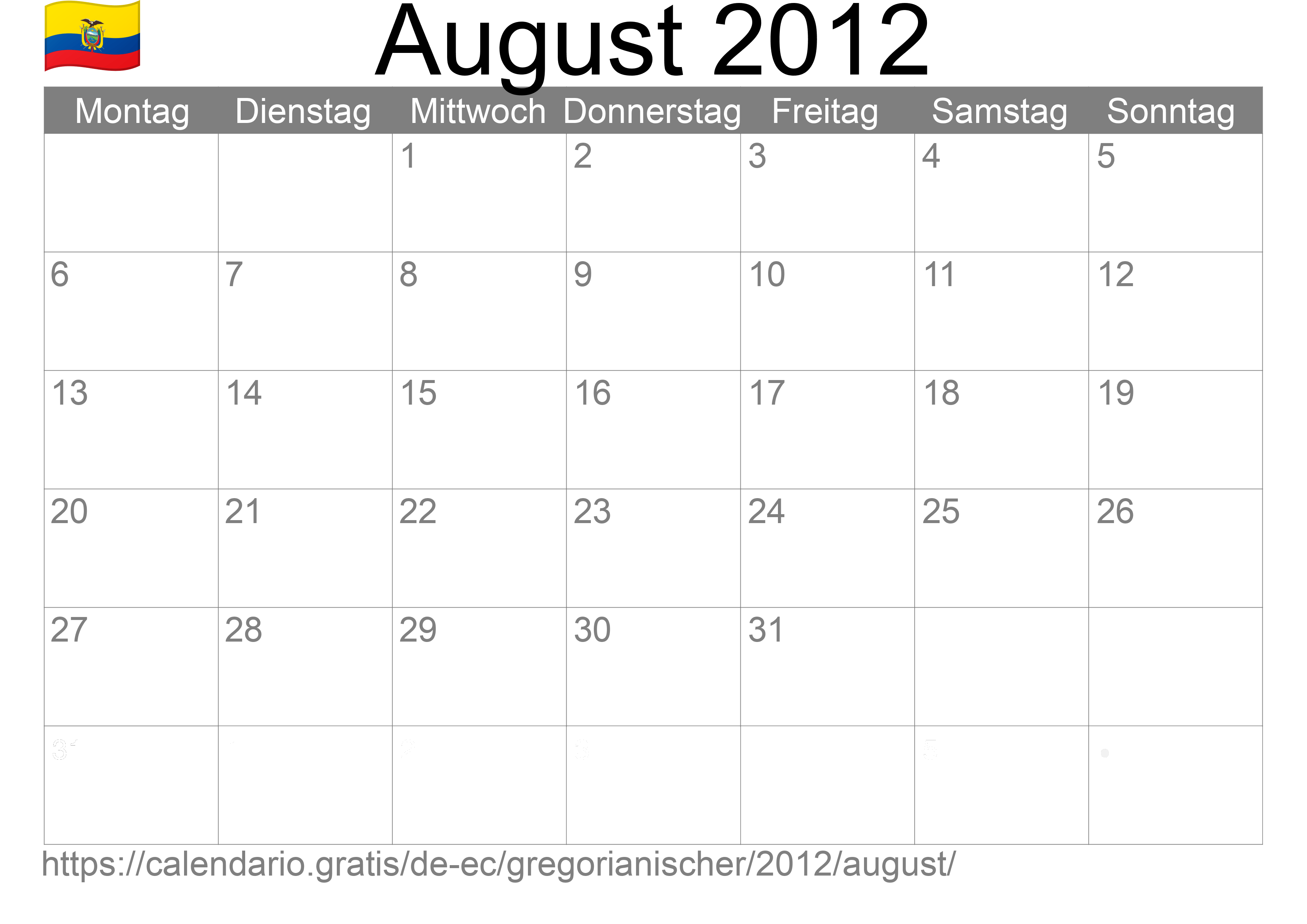 Kalender August 2012 zum Ausdrucken