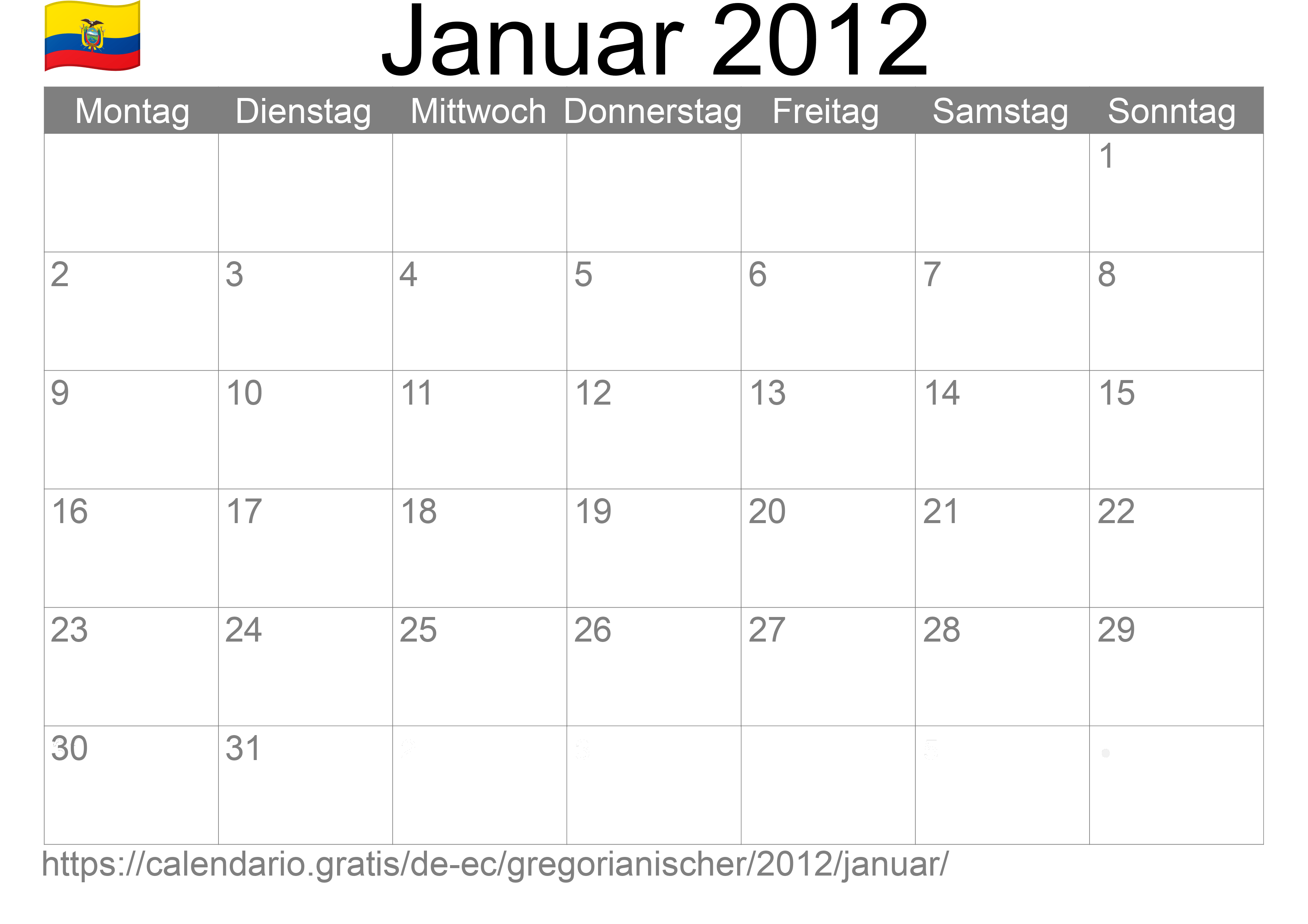 Kalender Januar 2012 zum Ausdrucken