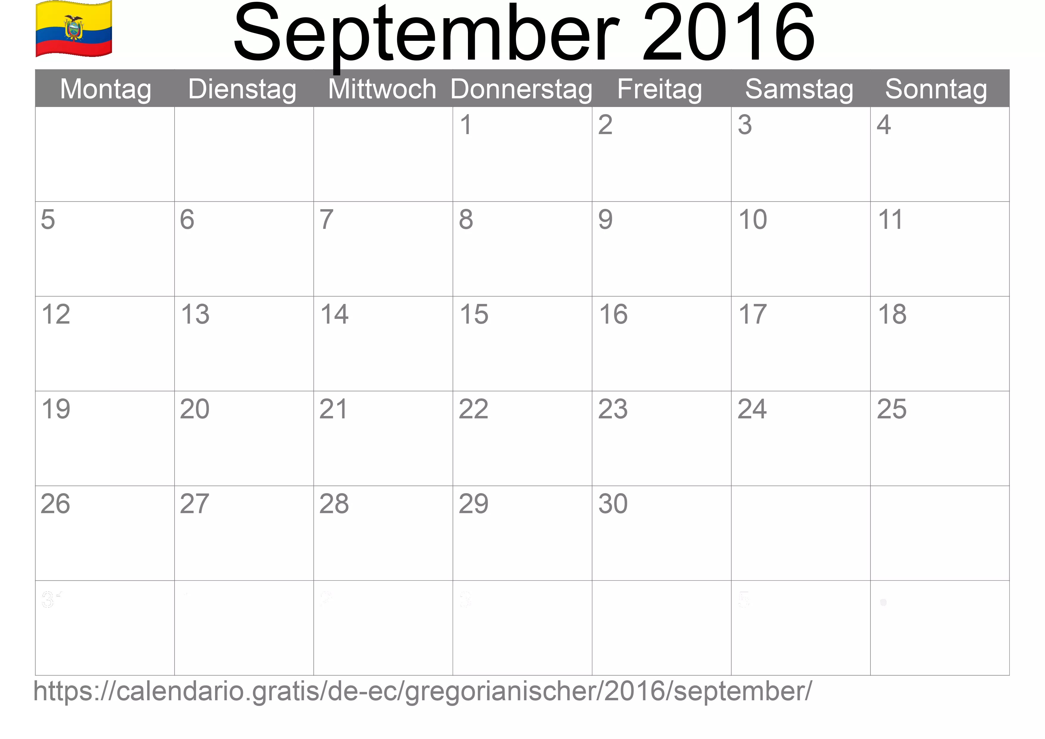 Kalender September 2016 zum Ausdrucken (Ecuador)