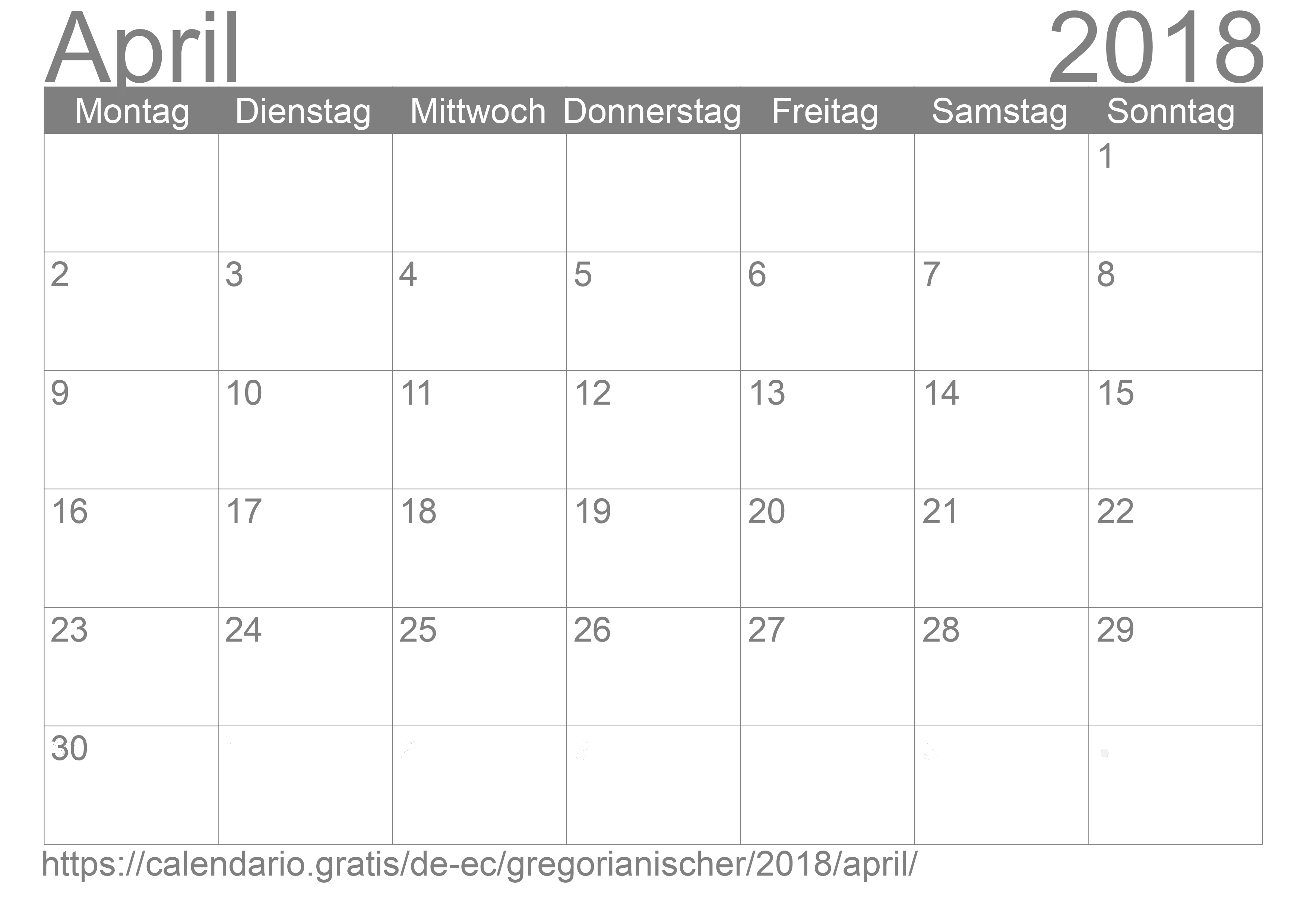 Kalender April 2018 zum Ausdrucken