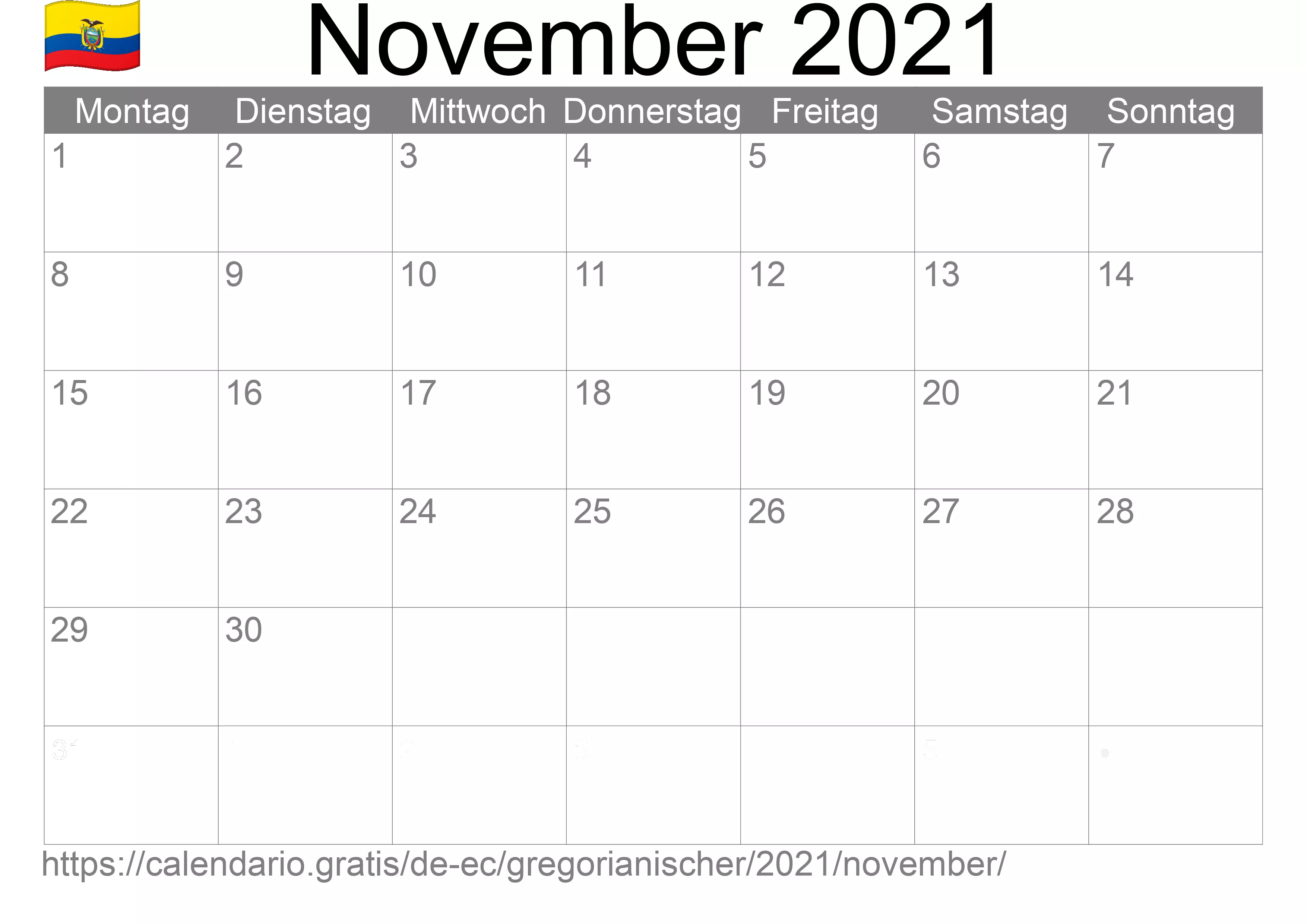 Kalender November 2021 zum Ausdrucken (Ecuador)