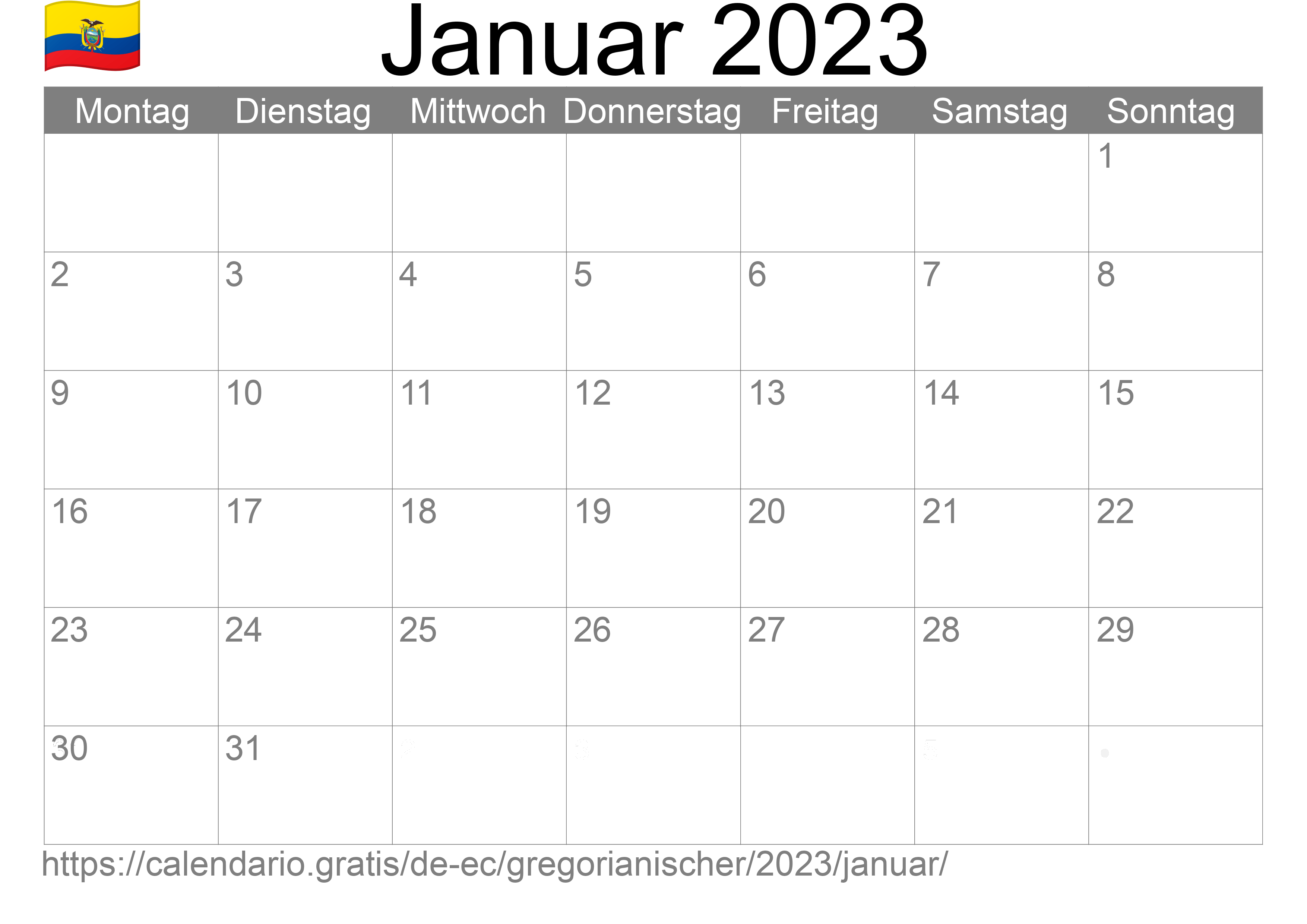 Kalender Januar 2023 zum Ausdrucken