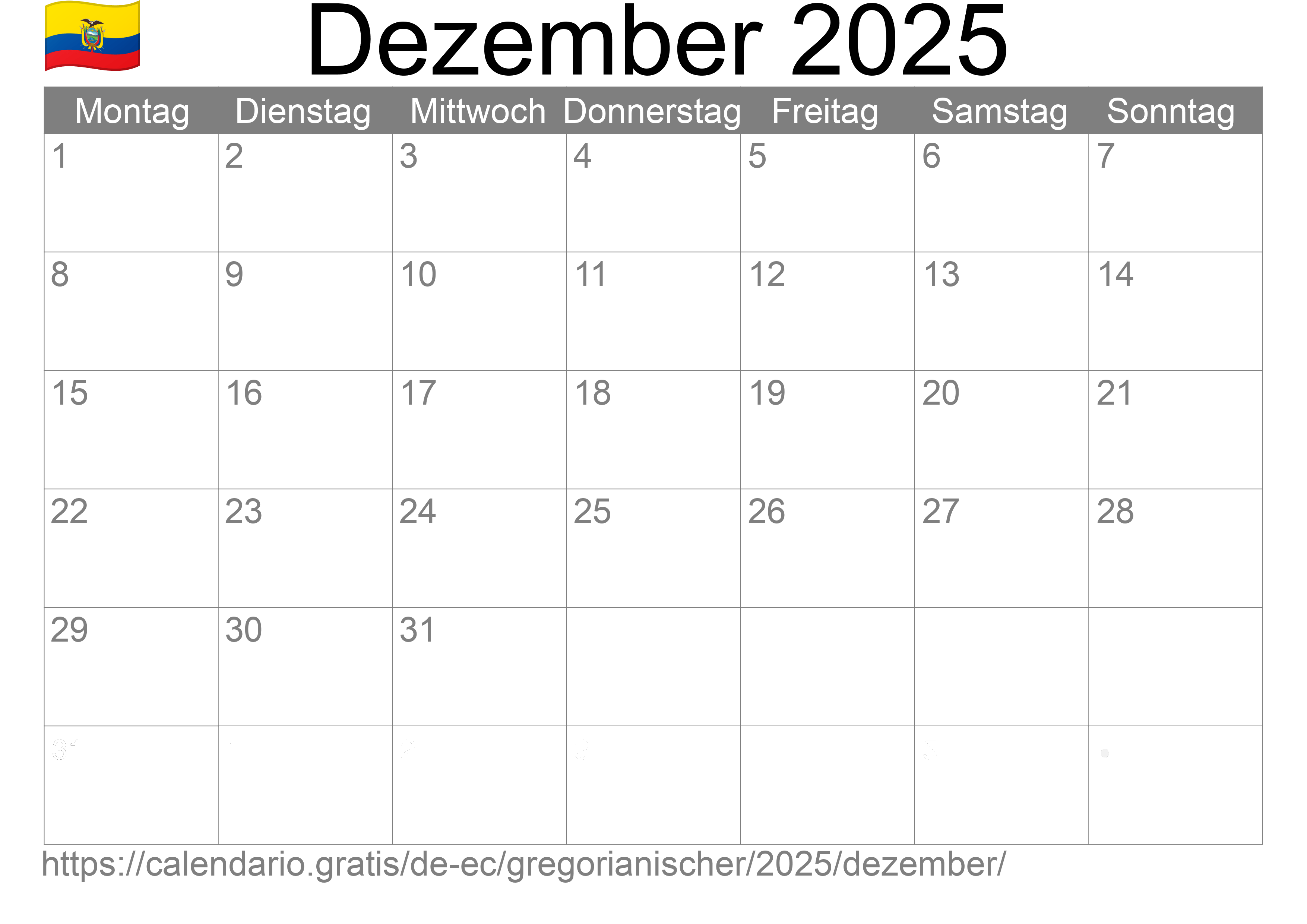 Kalender Dezember 2025 zum Ausdrucken