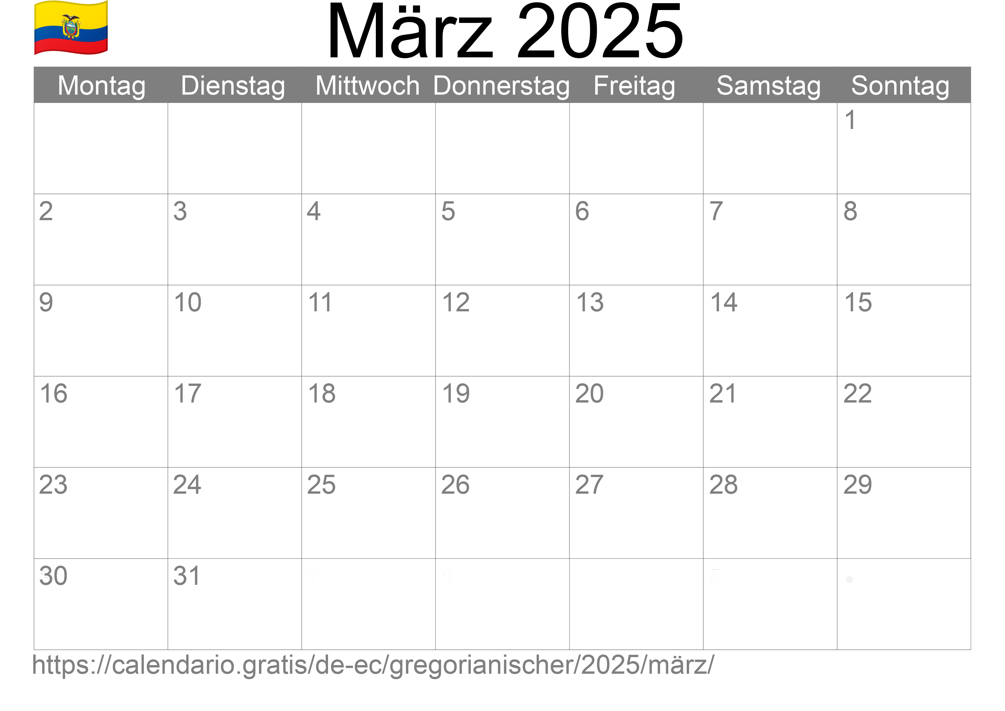 Kalender März 2025 zum Ausdrucken