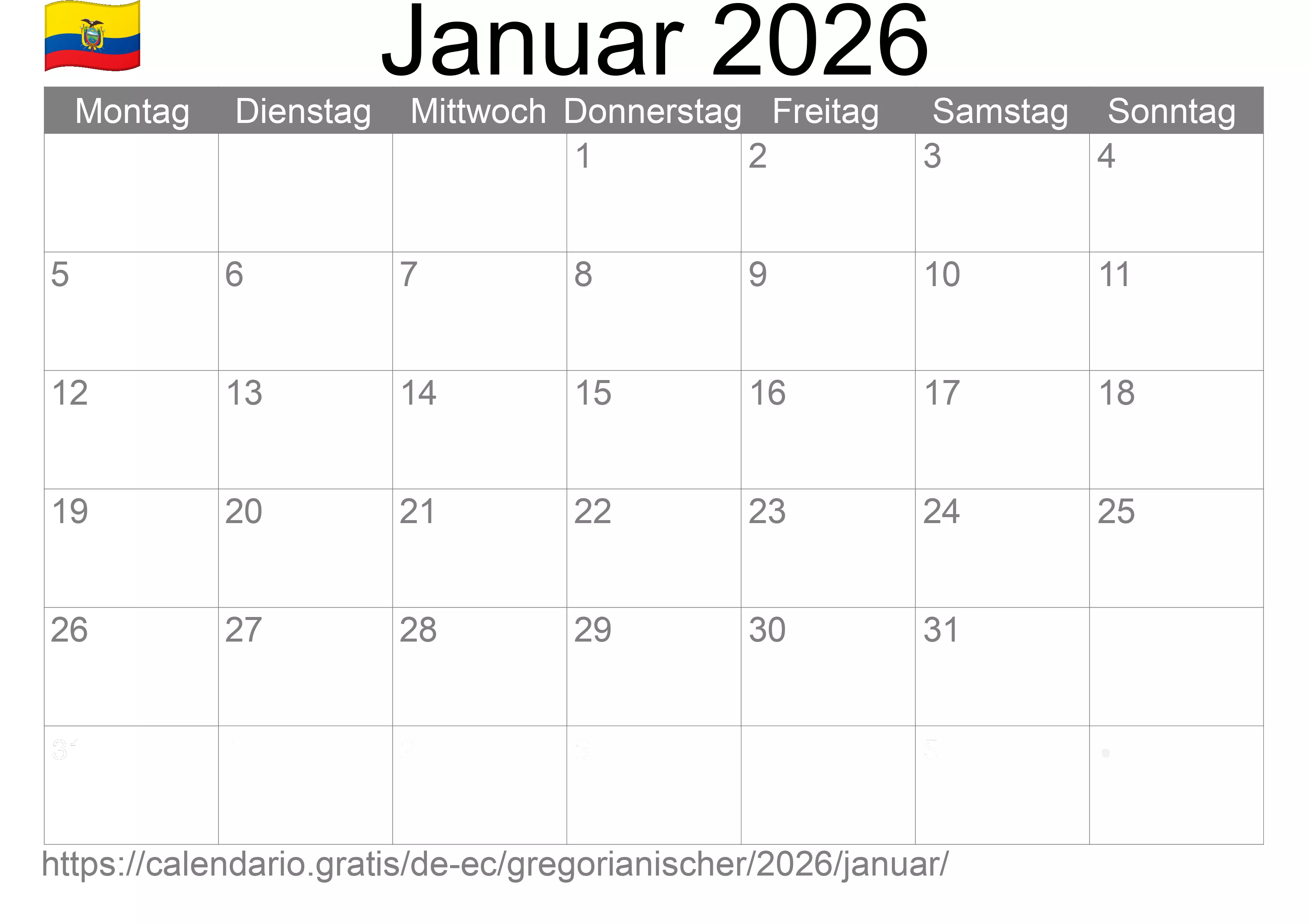 Kalender Januar 2026 zum Ausdrucken (Ecuador)